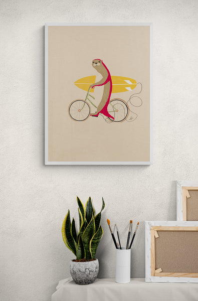 An otter riding a bike holding a surfboard Framed Print