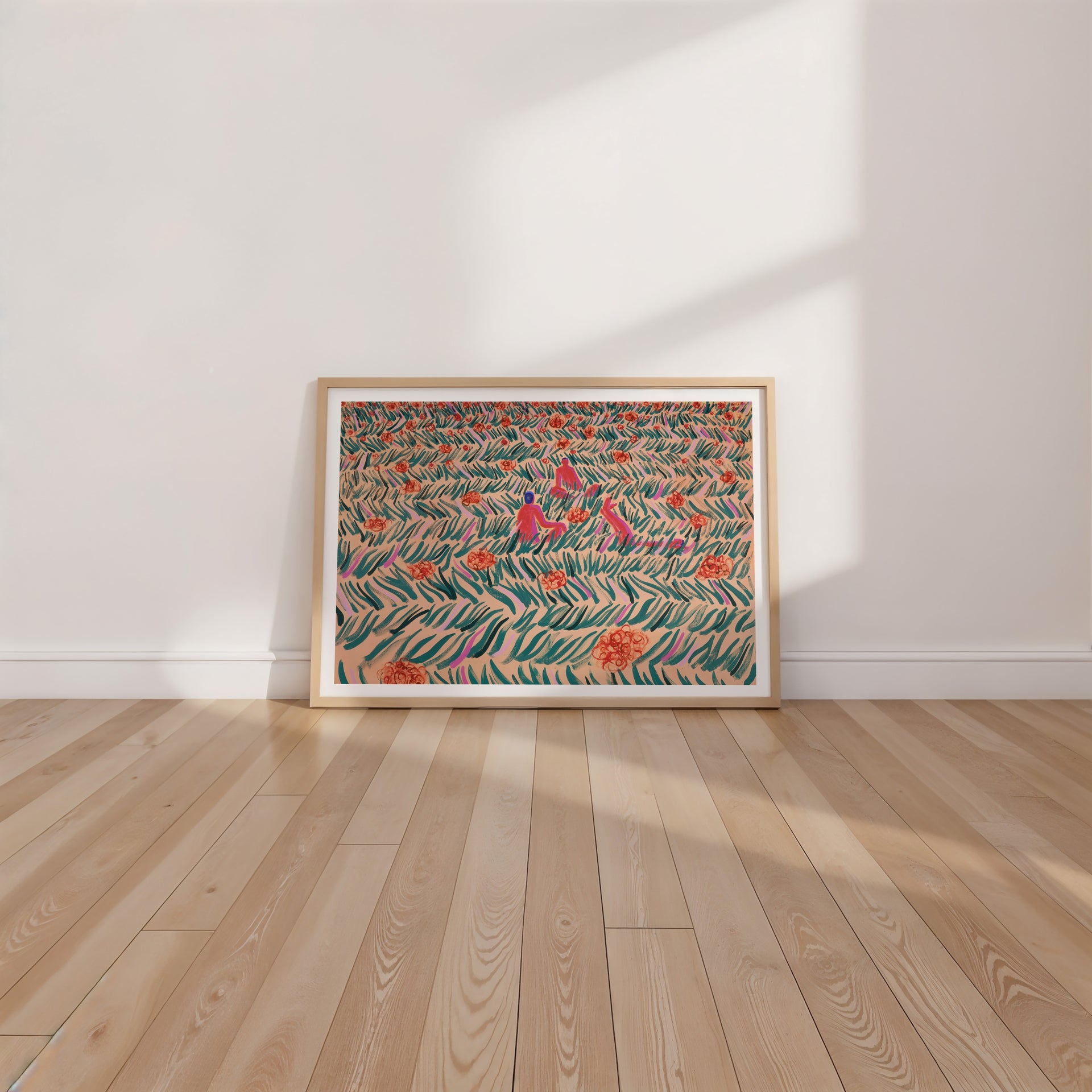 Framed Limited edition print by swiss artist Fabian Lavater showing people sitting in a meadow