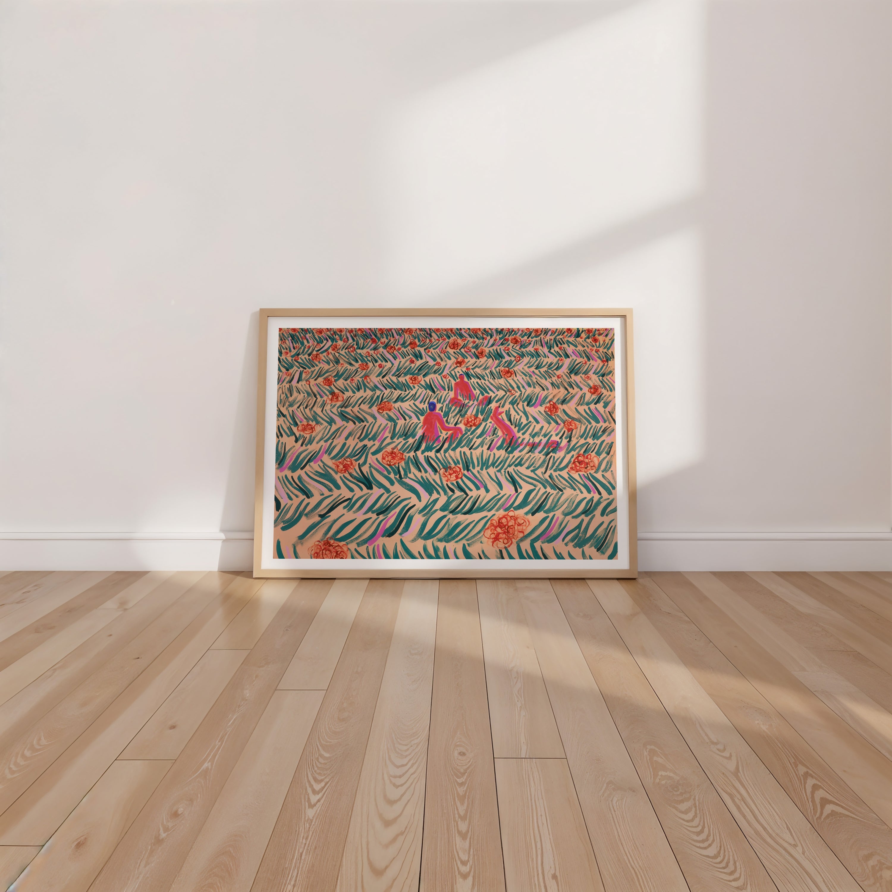 Framed Limited edition print by swiss artist Fabian Lavater showing people sitting in a meadow