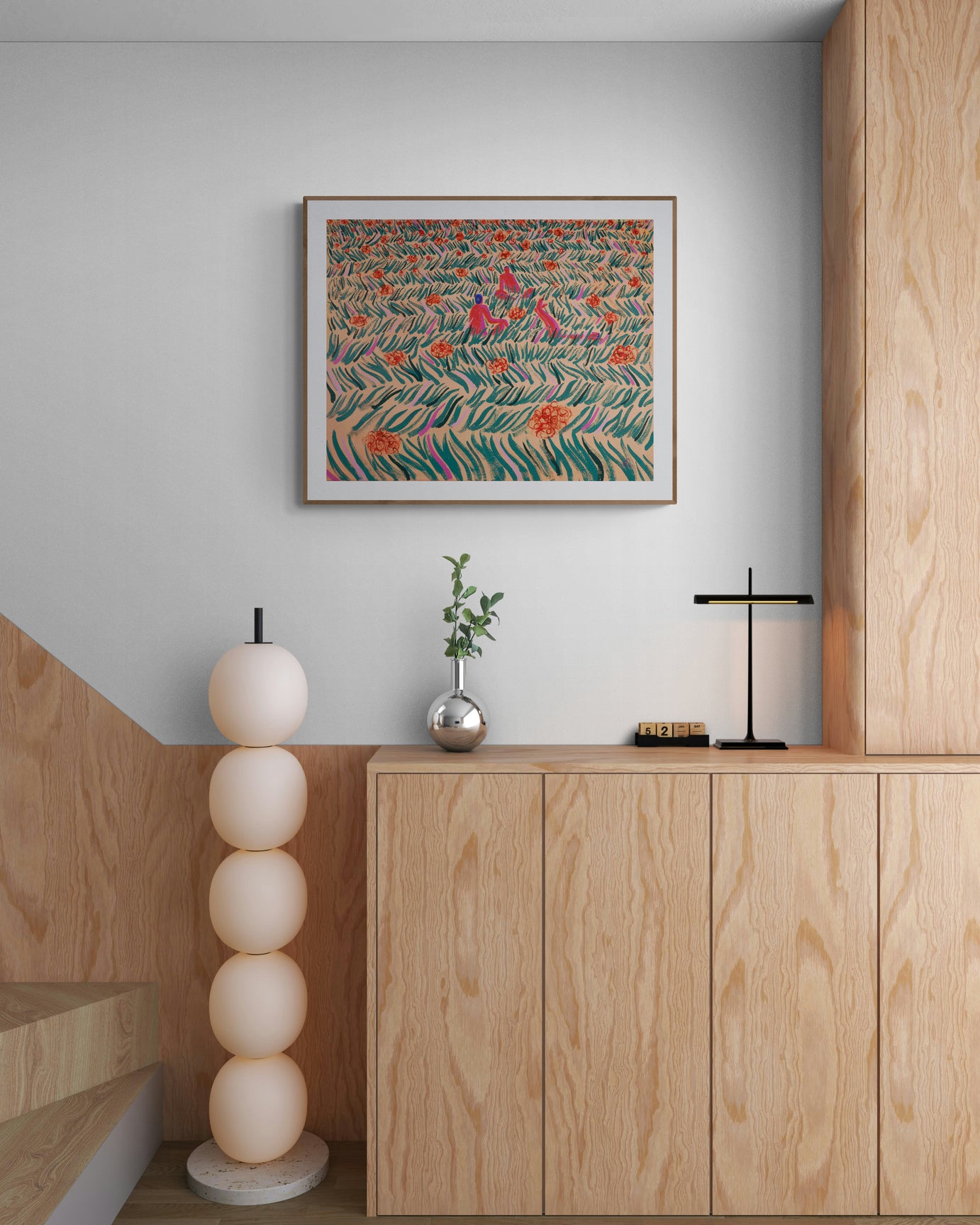 Limited edition print by Fabian Lavater hanging above wooden cabinet