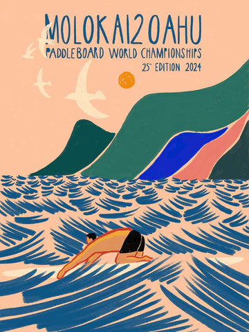 Poster for Molokai2Oahu Paddleboard World Championships with a swimmer and ocean design by Fabian Lavater