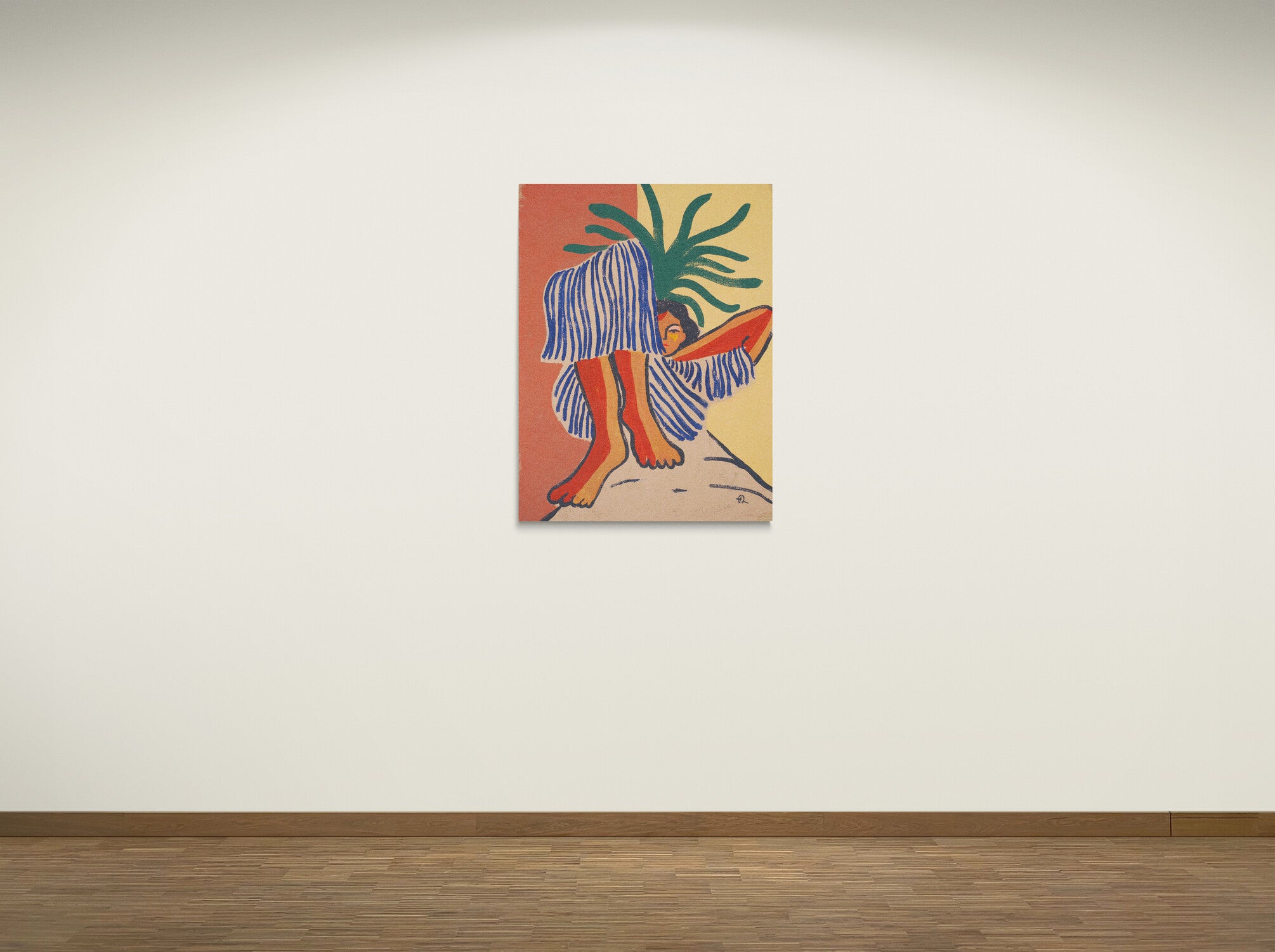 Original art painting by Fabian Lavater of a person in a striped garment with a palm tree called "the art of relaxing"
