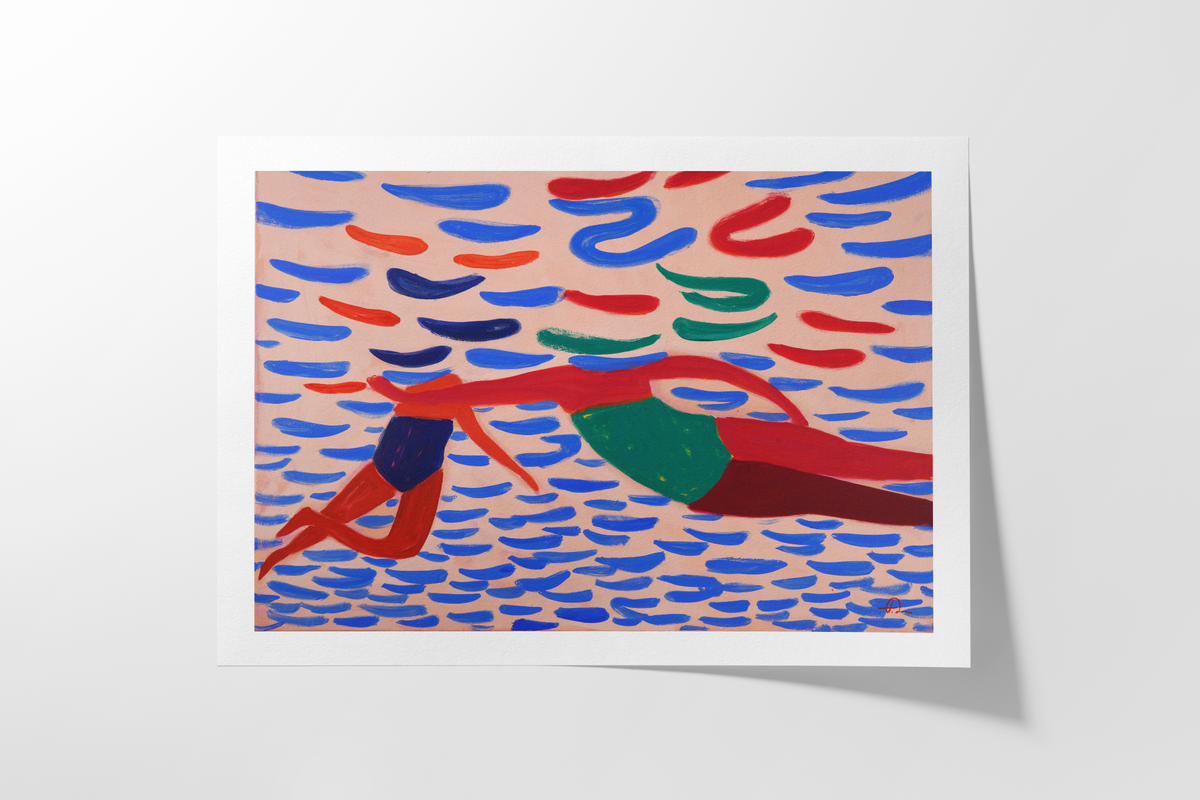 colorful art print seaside sisters by fabian lavater on white background