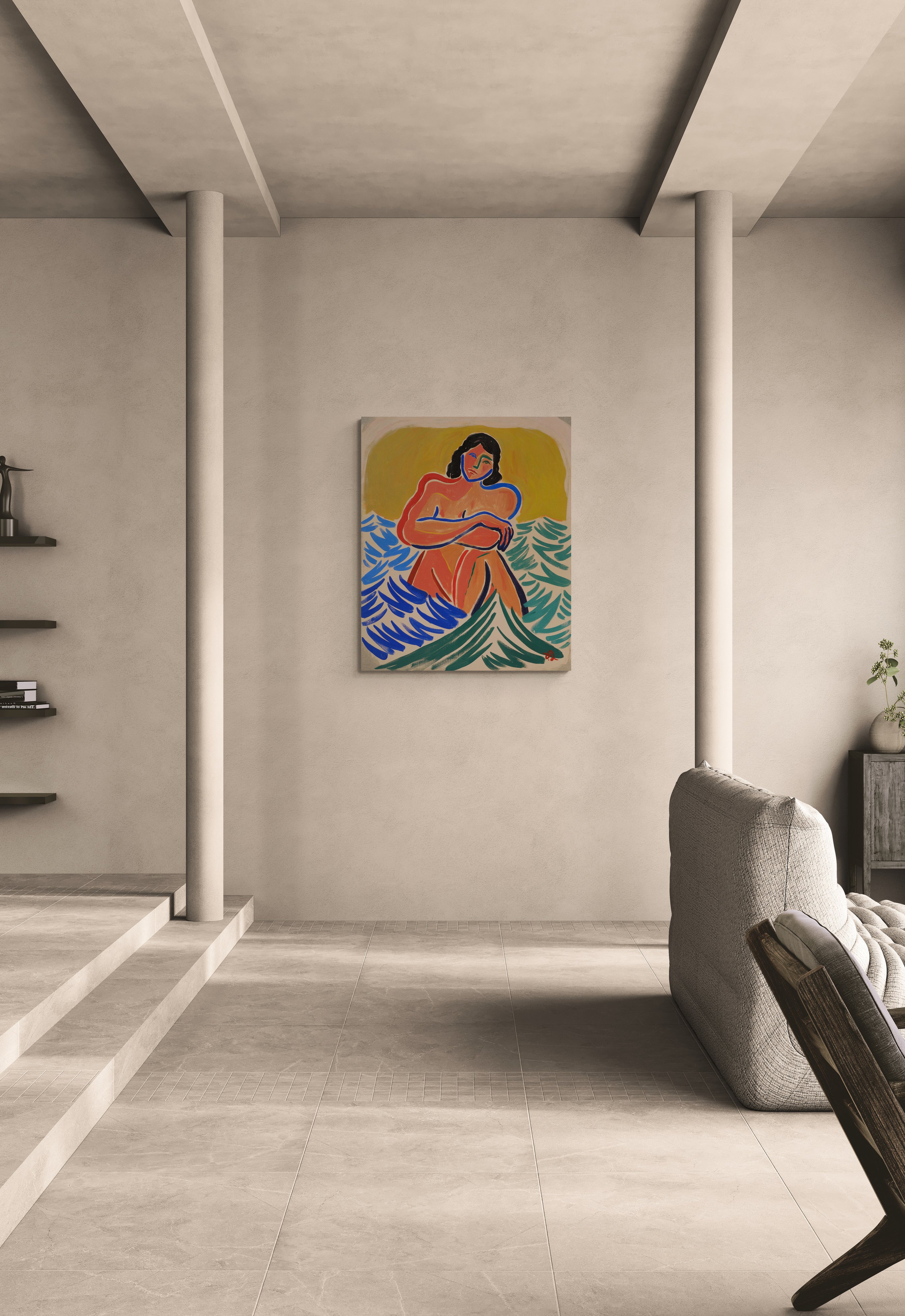 Art painting by Fabian Lavater of a woman sitting in waves hanging in modern interior