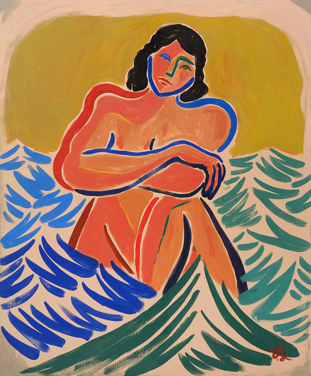 Art painting by Fabian Lavater of a nude figure sitting in the waves