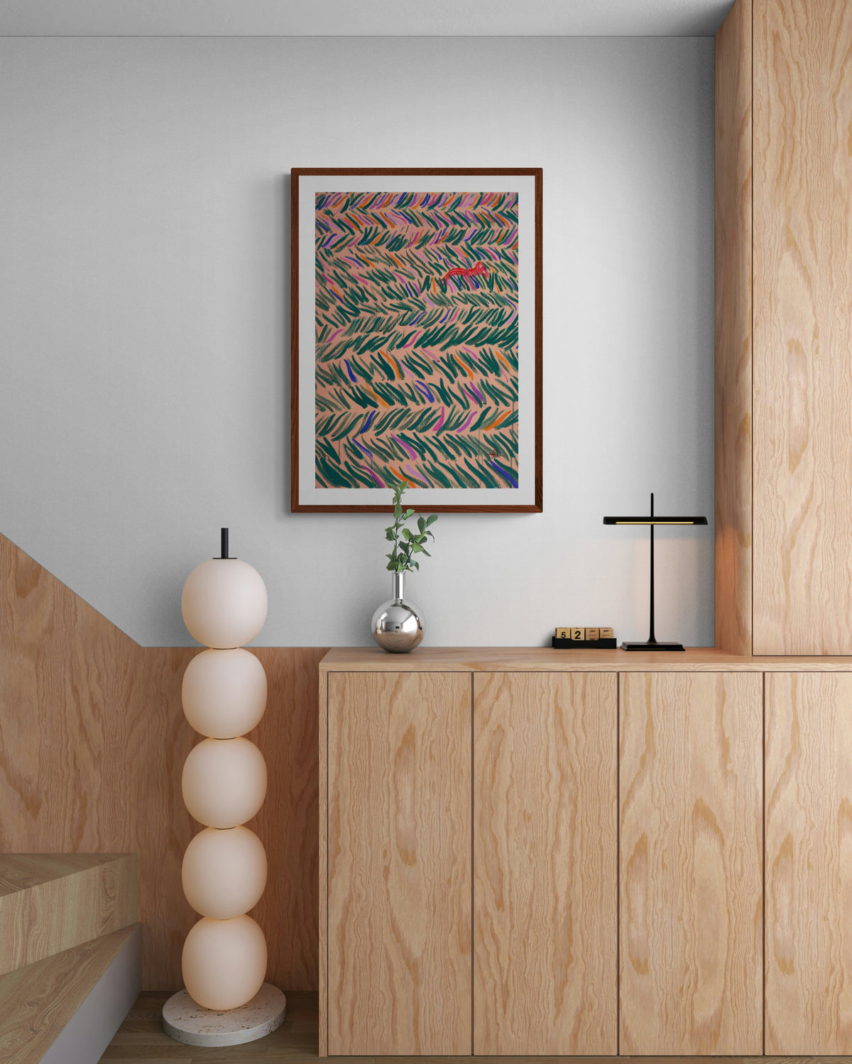limited edition art print one sunny afternoon by swiss artist fabian lavater hanging above wooden cabinet
