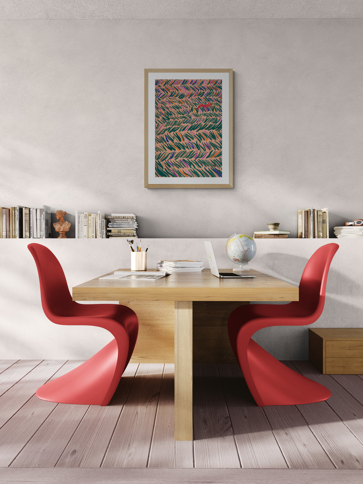 art print one sunny afternoon by Fabian Lavater hanging in modern interior above two red chairs