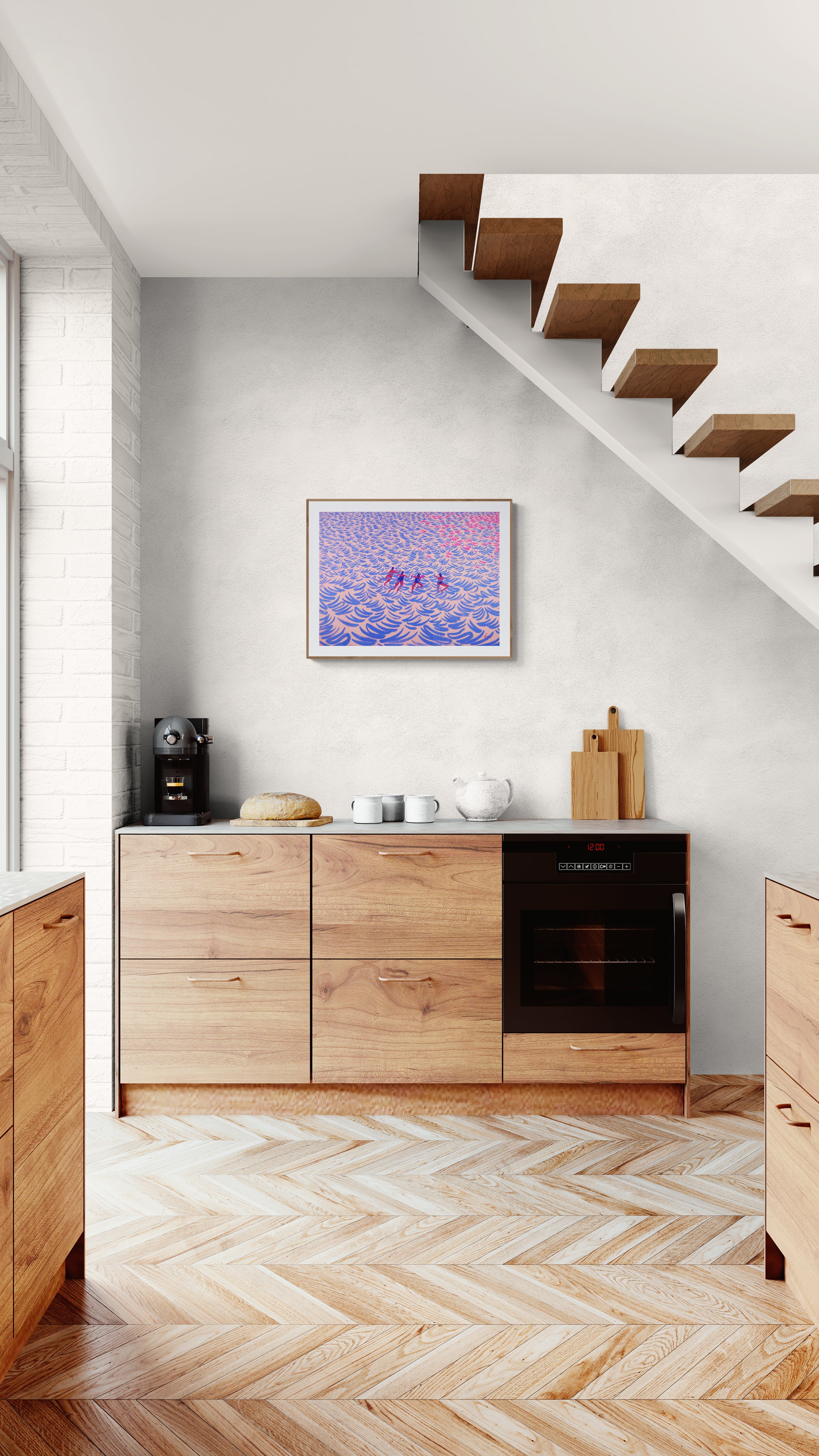art print seaside women hanging in modern kitchen interior with light wood cabinetry