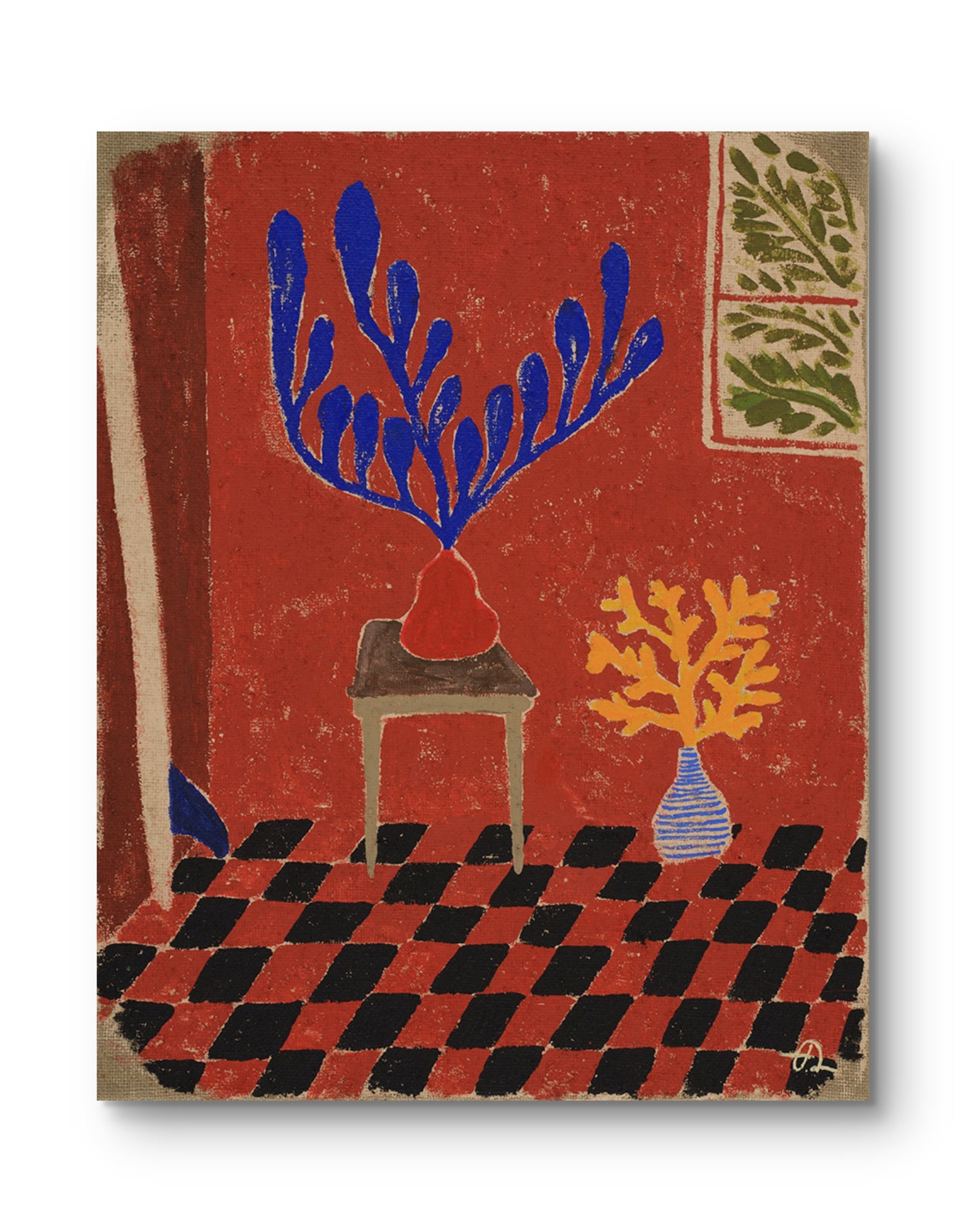 Artwork by Fabian Lavater of a room with furniture and surfboard on a red background