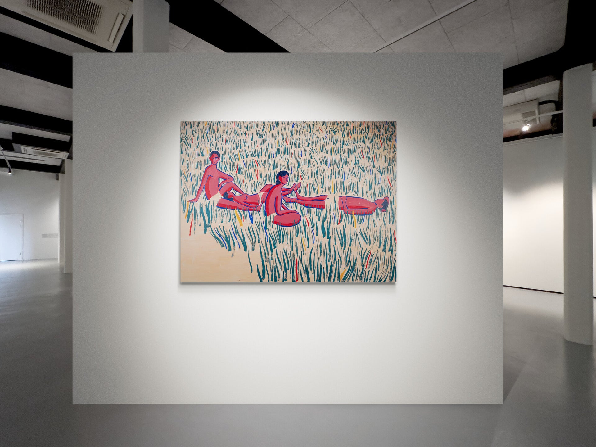 As We Are, original painting by Fabian Lavater on gallery wall depicting four people relaxing on the grass 