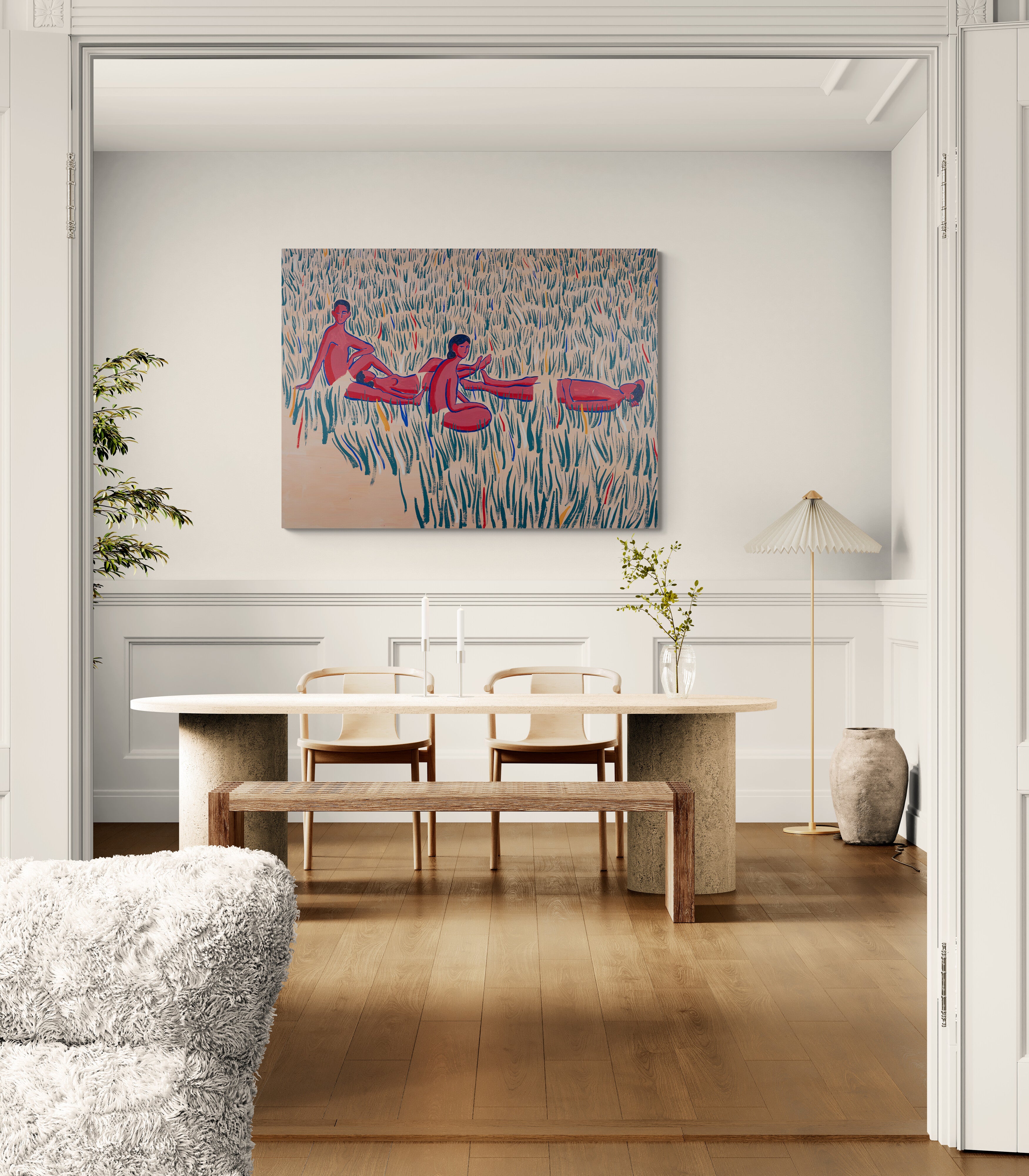 As We Are, original painting by Fabian Lavater depicting four people relaxing on the grass hanging in dining room