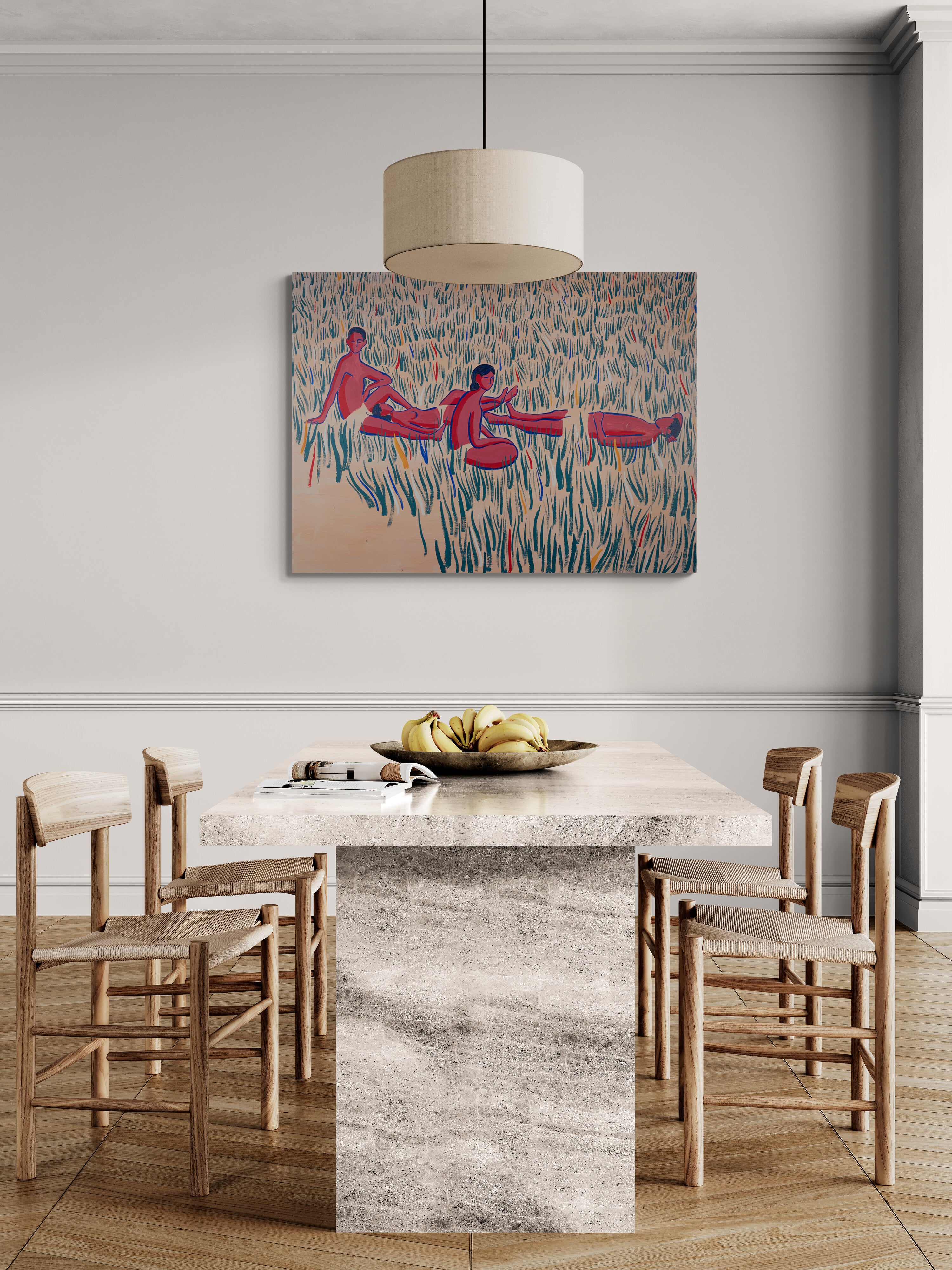 As We Are, original painting by Fabian Lavater depicting four people relaxing on the grass hanging in dining room