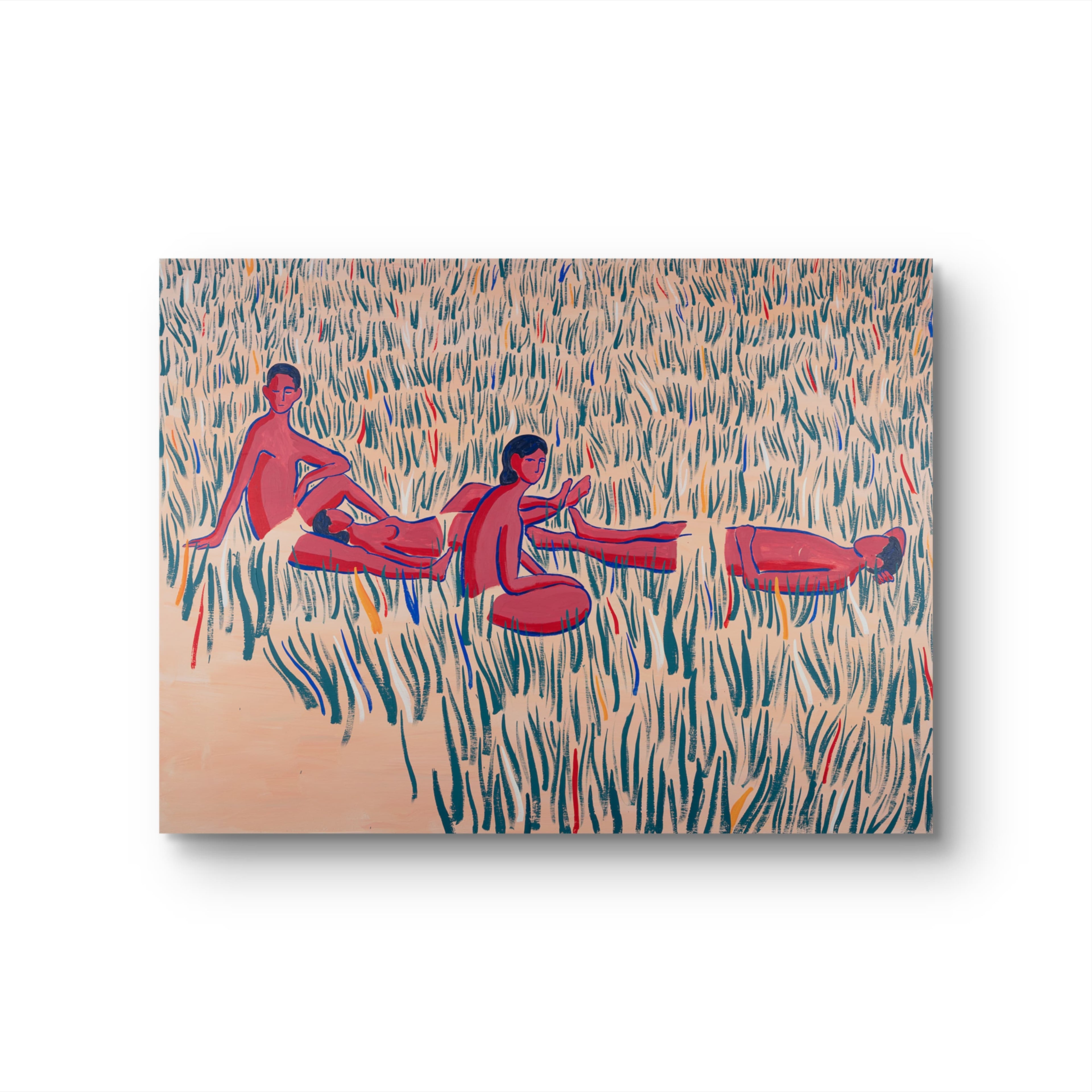 As We Are, original painting by Fabian Lavater depicting four people relaxing on the grass on white background