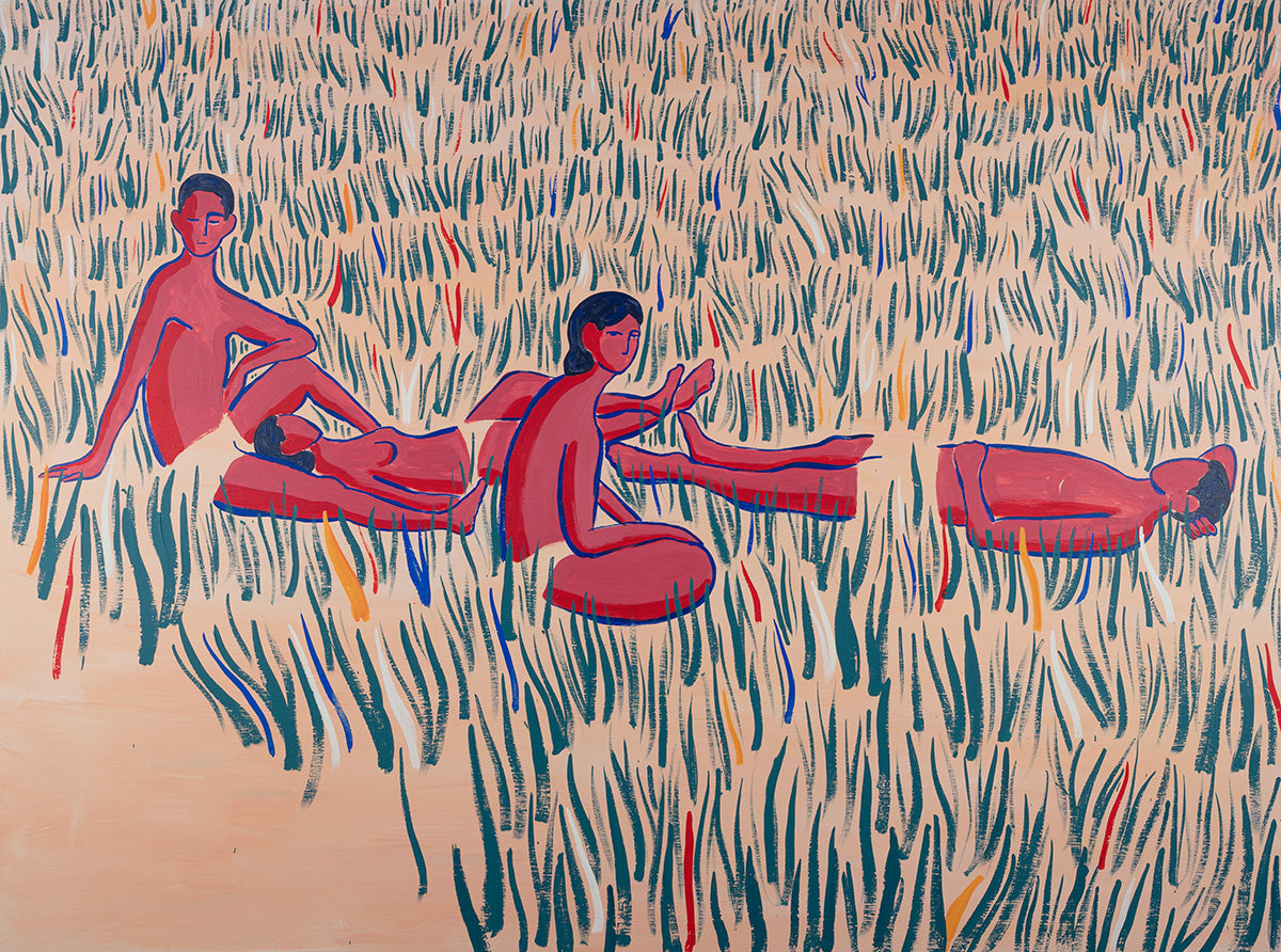 As We Are, original painting by Fabian Lavater depicting four people relaxing on the grass