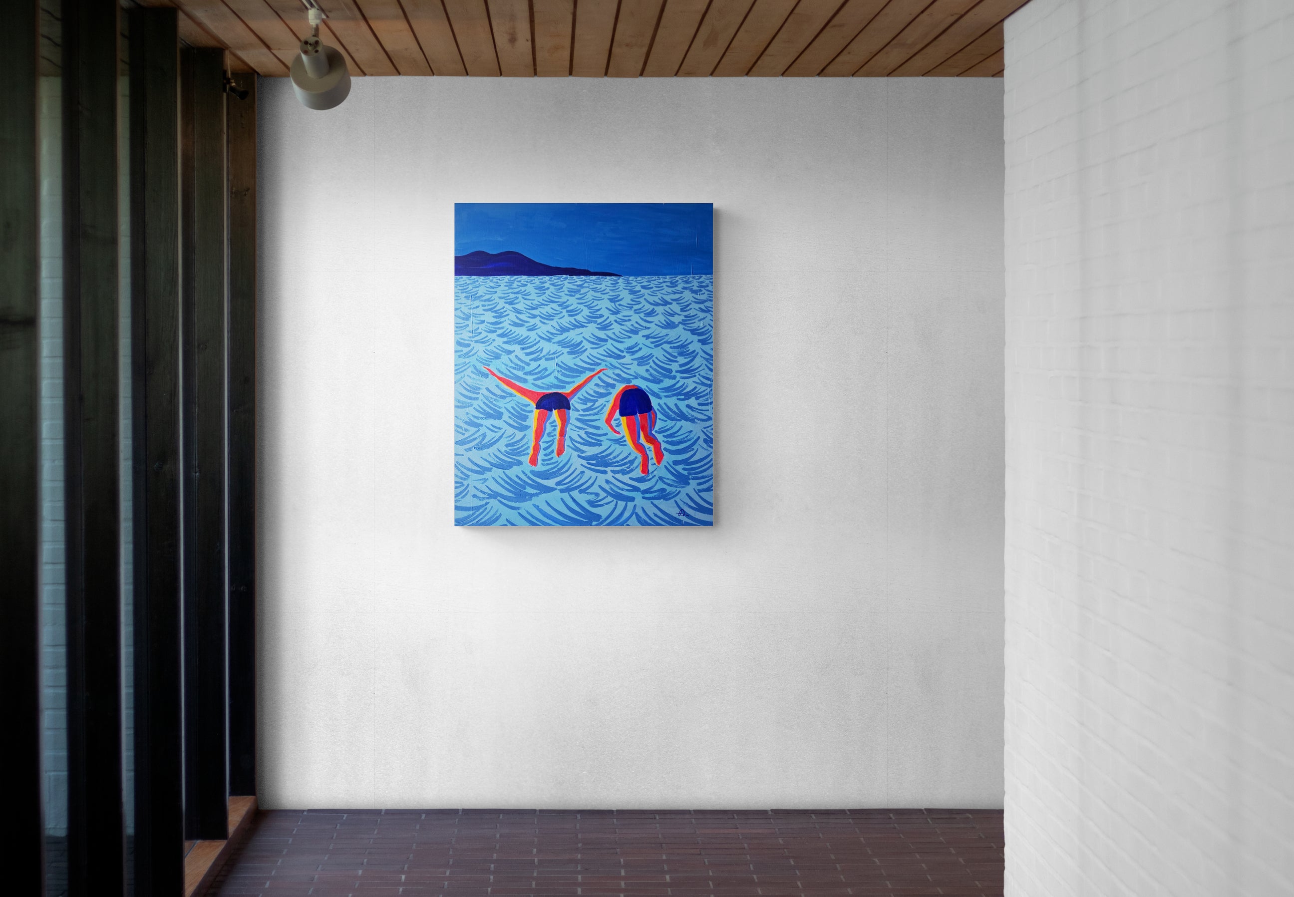 Canvas painting of two people swimming in a blue ocean by Fabian Lavater