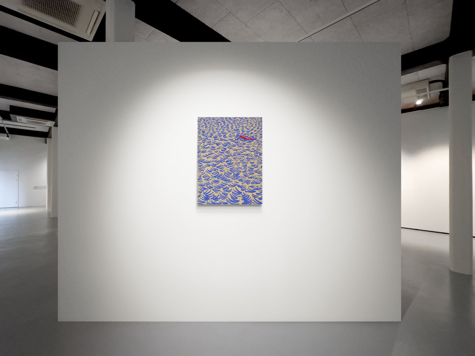 Afloat, original painting by Fabian Lavater depicting a woman floating on the surface of the water in art gallery