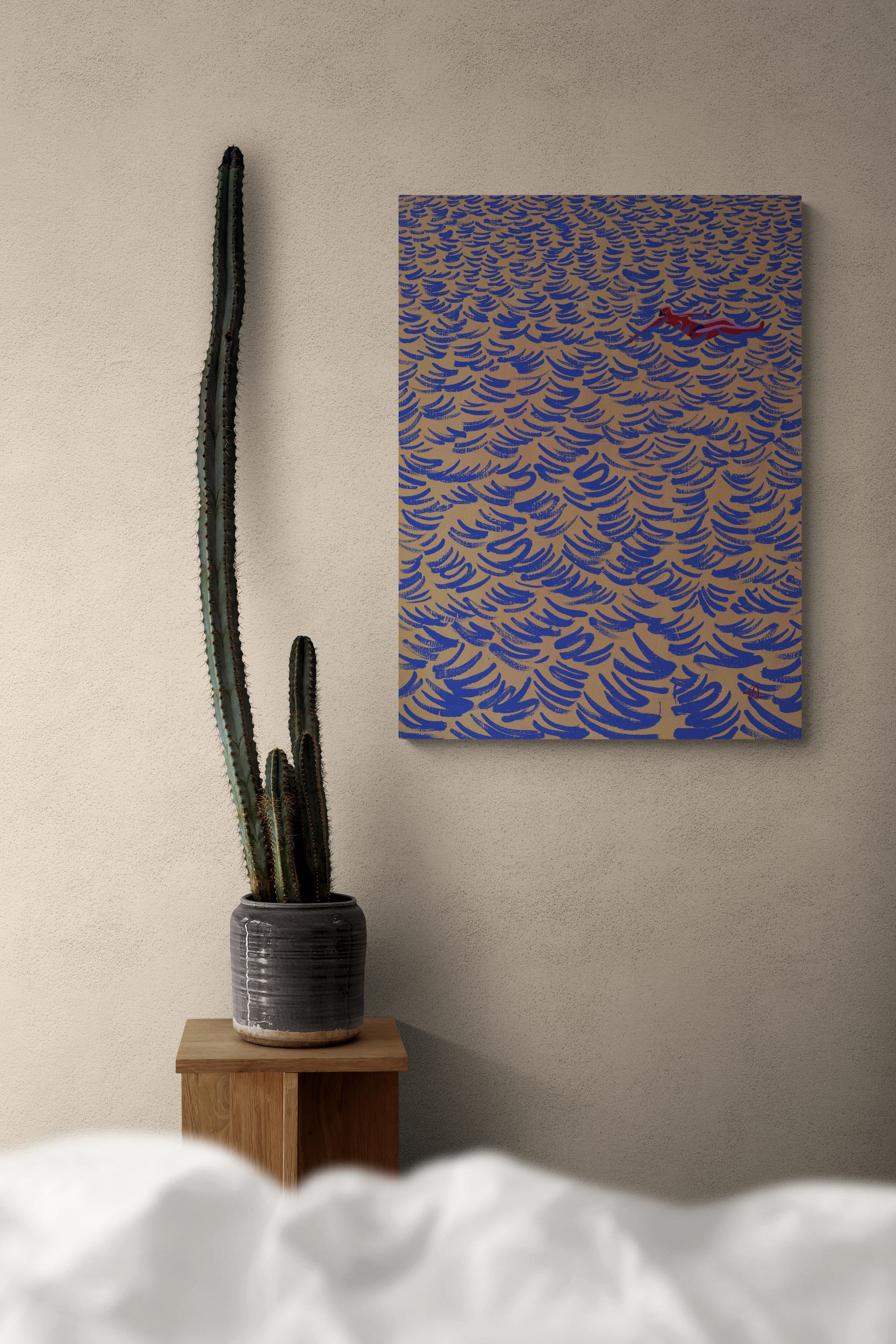 Afloat, original painting by Fabian Lavater depicting a woman floating on the surface of the water next to cactus