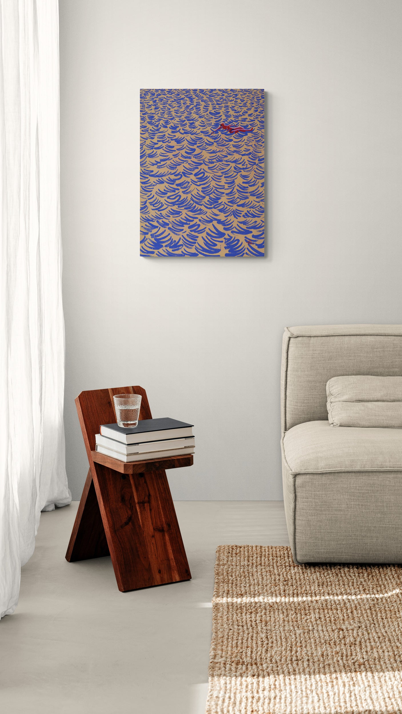 Afloat, original painting by Fabian Lavater depicting a woman floating on the surface of the water above sofa