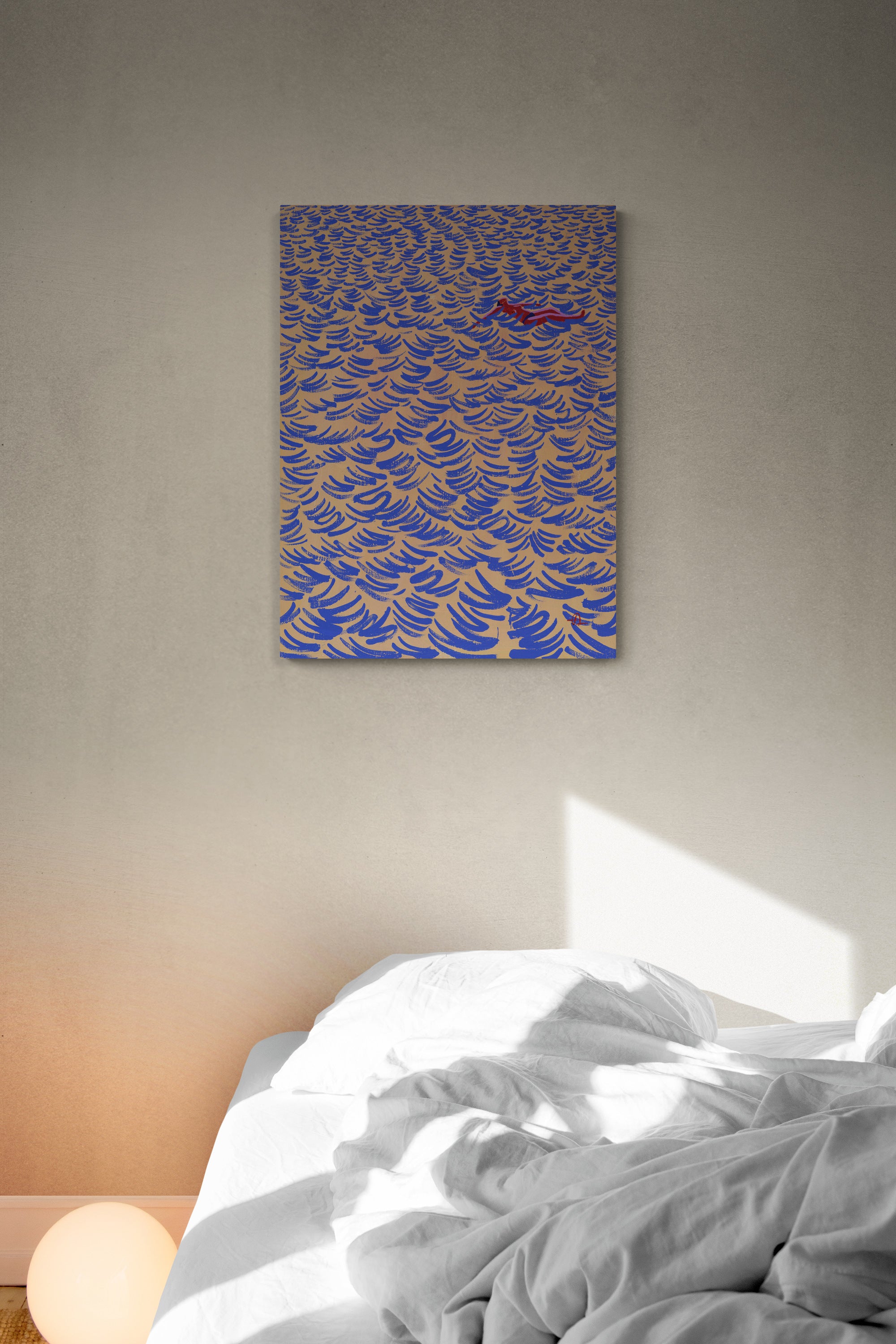 Afloat, original painting by Fabian Lavater depicting a woman floating on the surface of the water in badroom