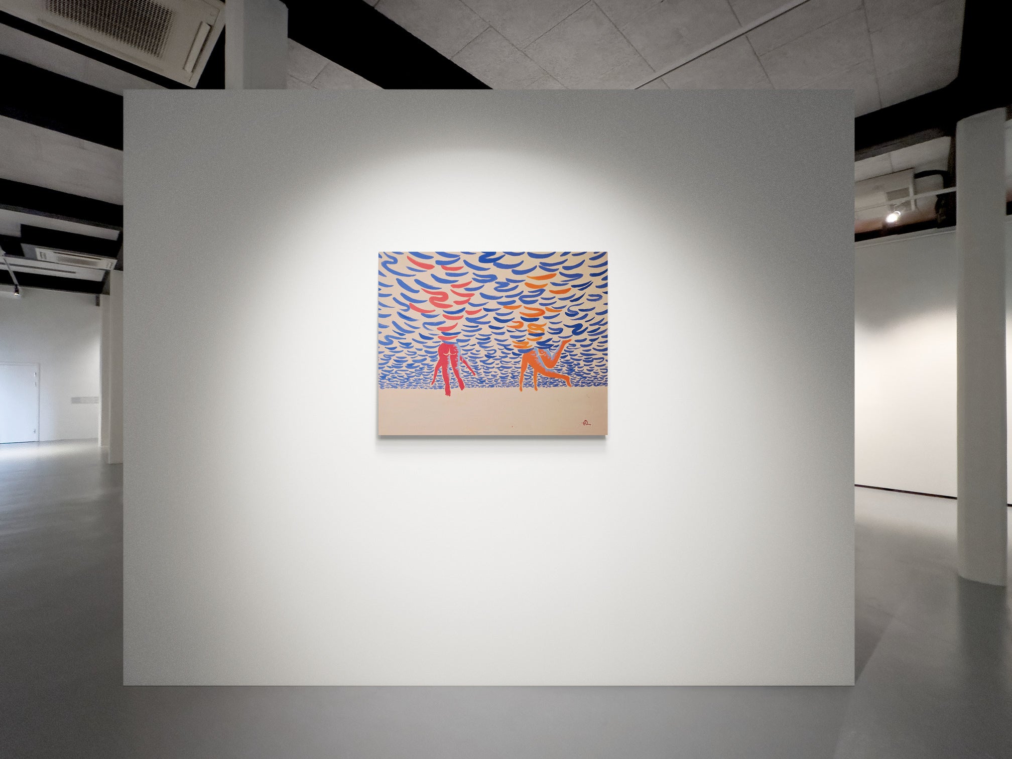 Bottoms Up, original painting by Fabian Lavater depicting an underwater perspective of people swimming in art gallery