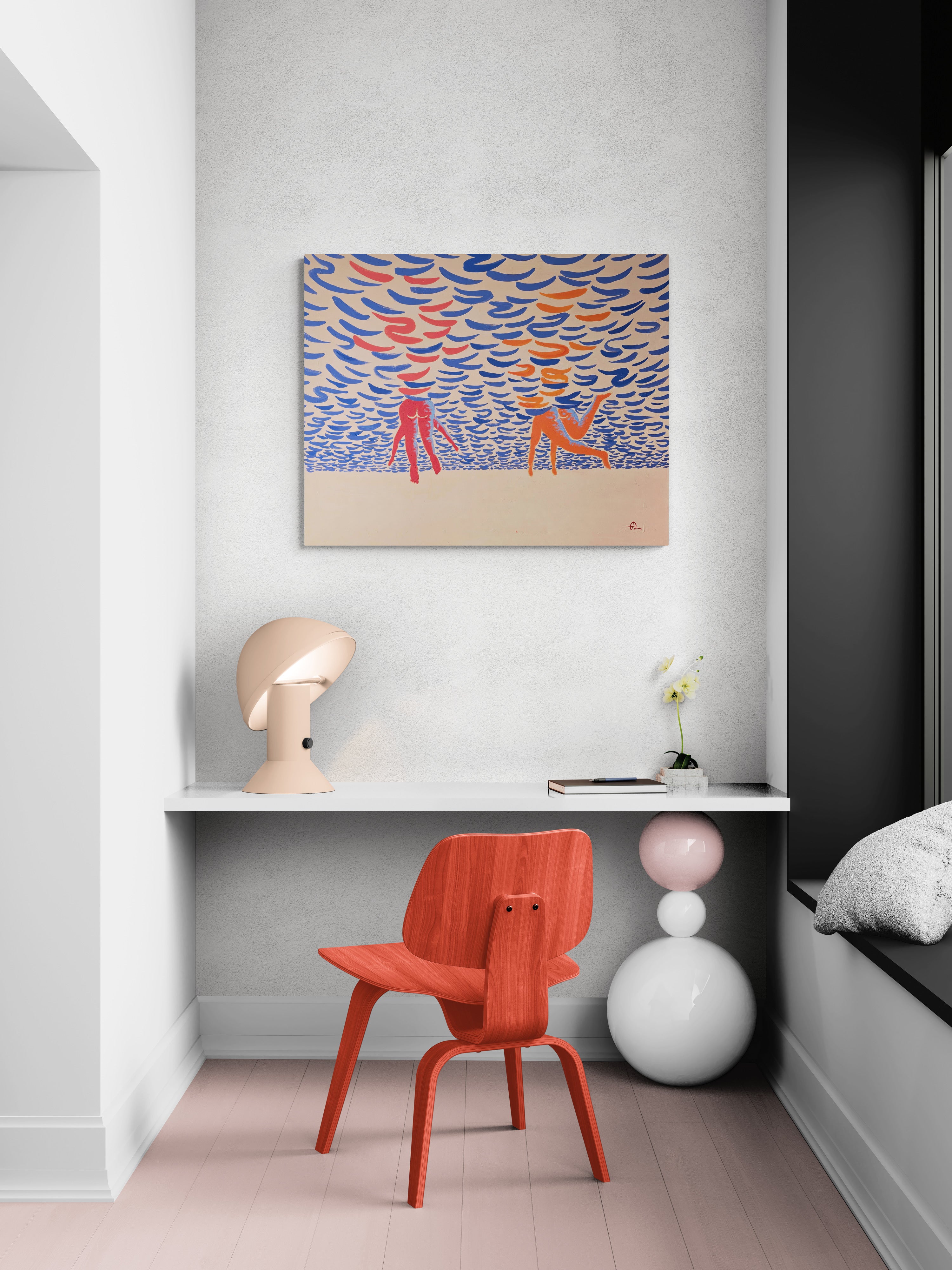 Bottoms Up, original painting by Fabian Lavater depicting an underwater perspective of people swimming in office