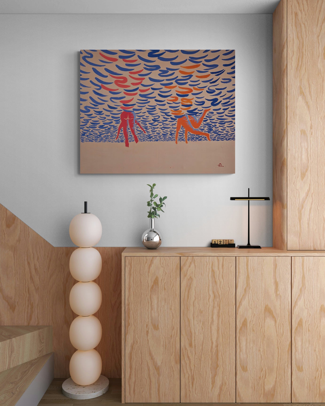 Bottoms Up, original painting by Fabian Lavater depicting an underwater perspective of people swimming above wooden cabinet