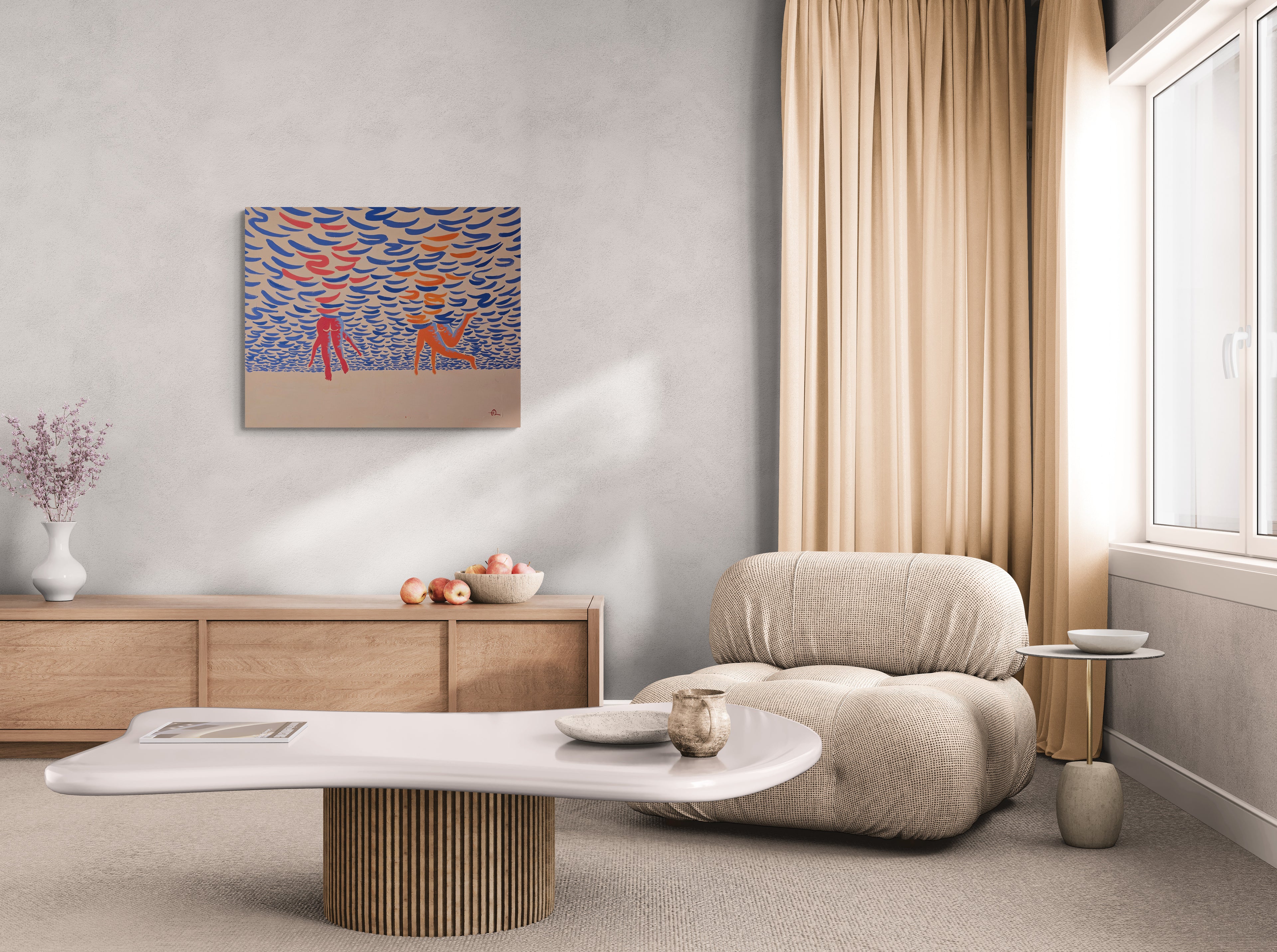 Bottoms Up, original painting by Fabian Lavater depicting an underwater perspective of people swimming in living room