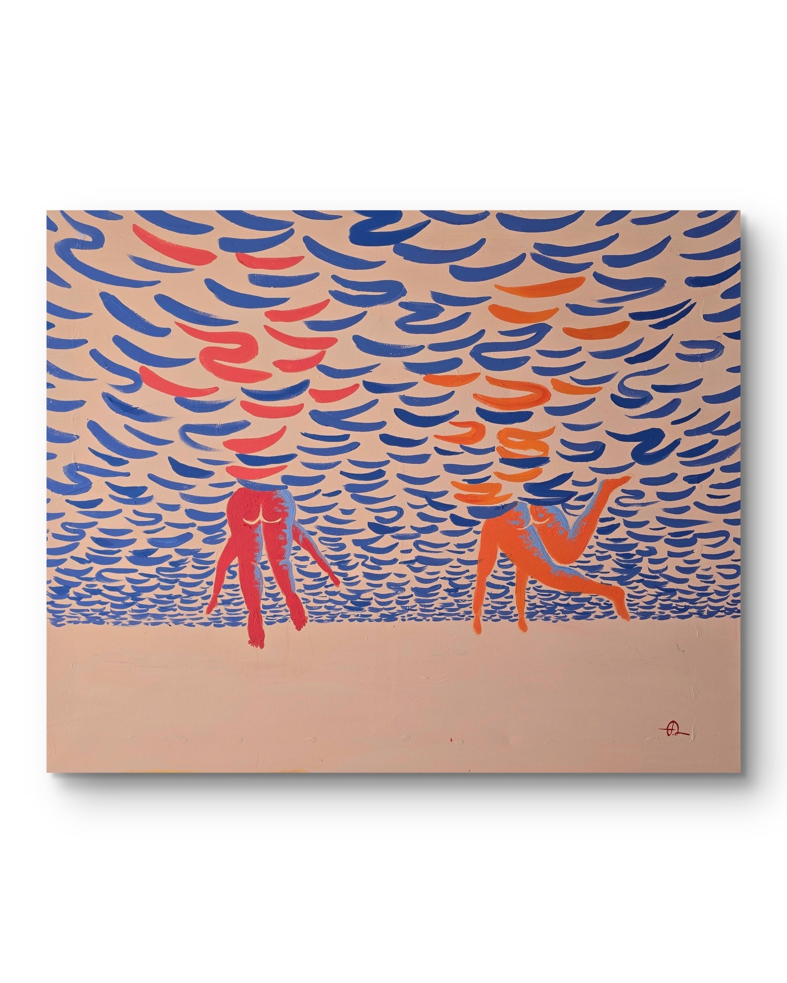 Bottoms Up, original painting by Fabian Lavater depicting an underwater perspective of people swimming white background