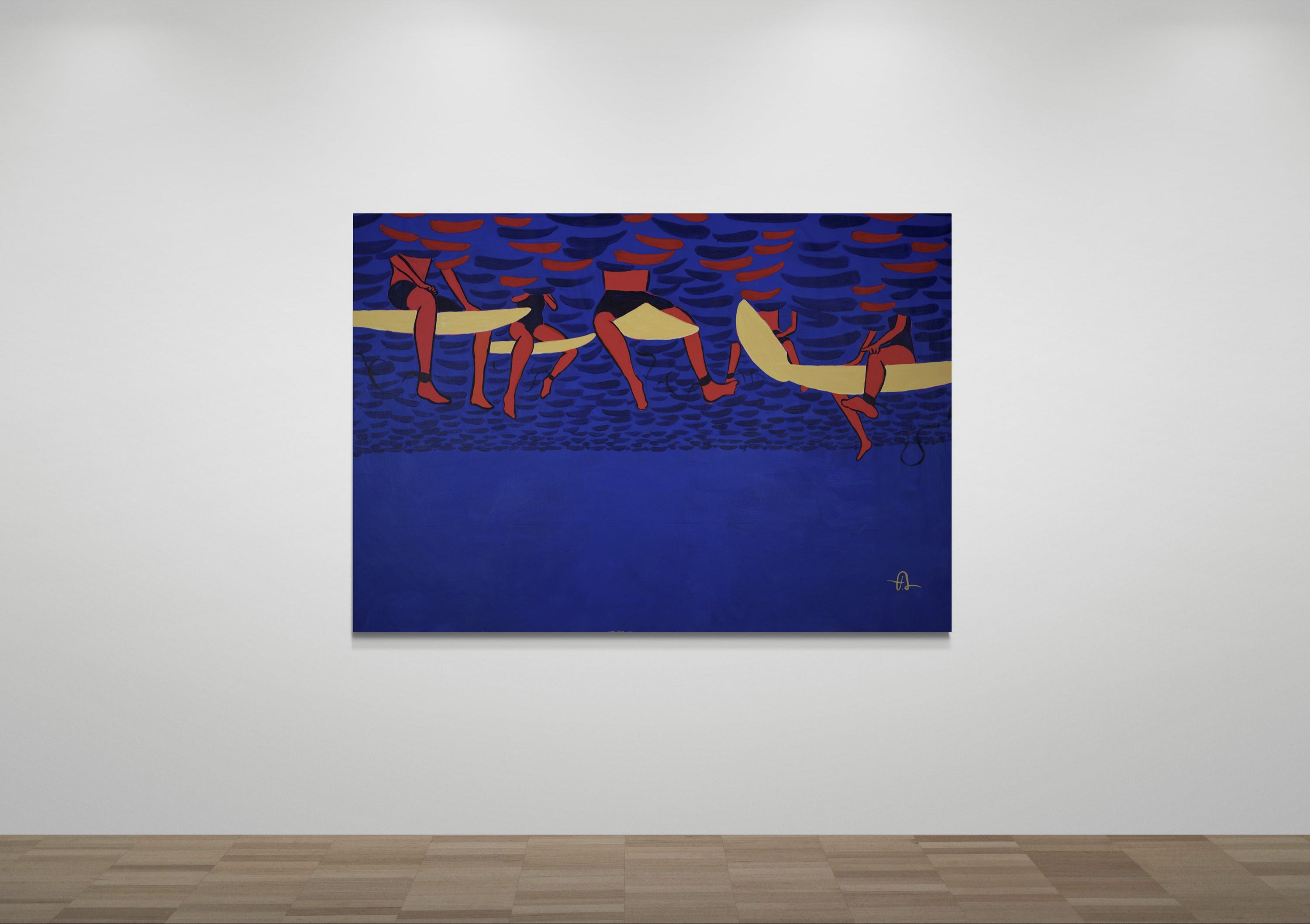 Blue ocean seascape with red surfers, original painting by Fabian Lavater, contemporary expressionist style called Infinite Joy