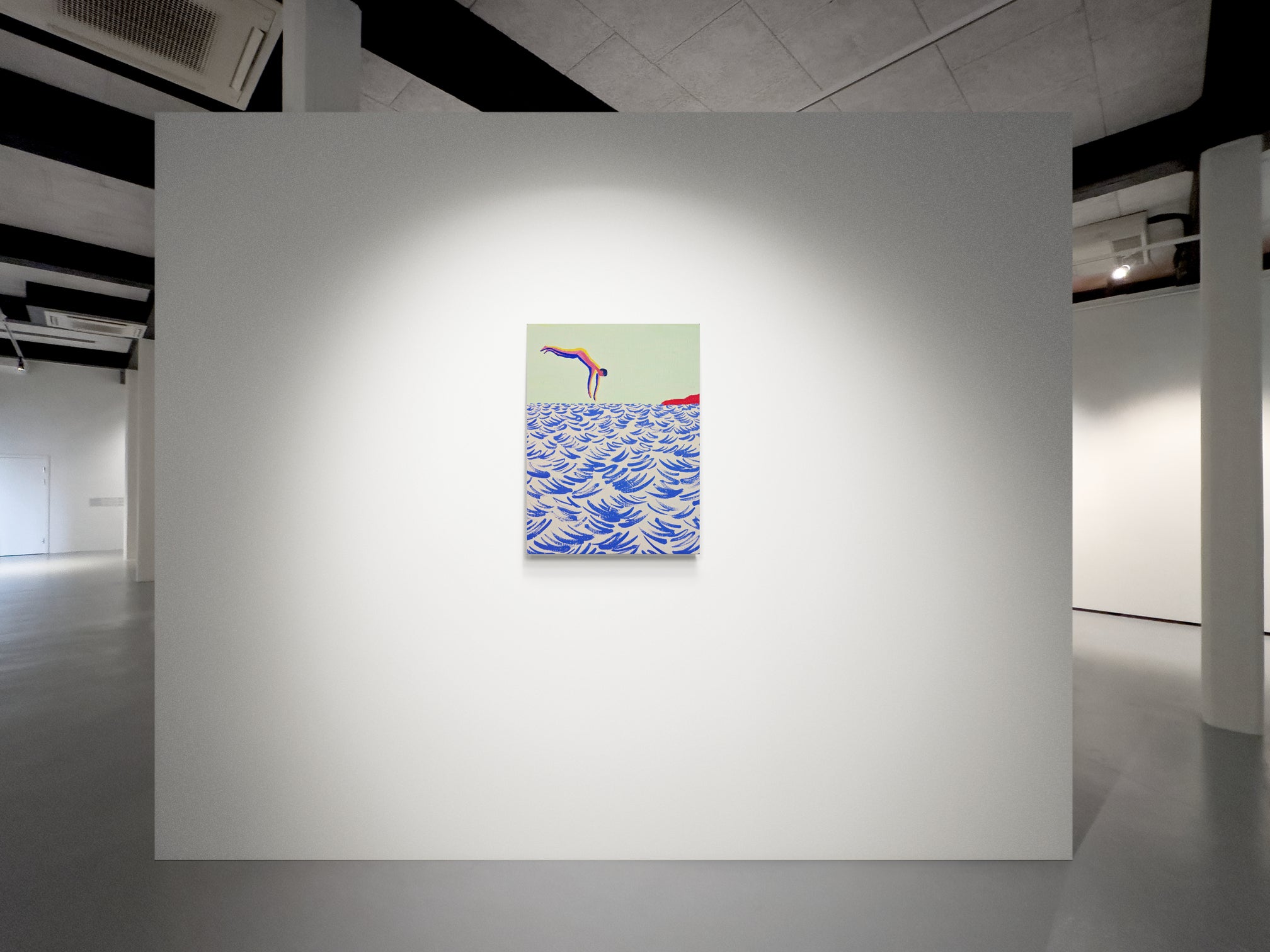 Into the Water, original painting by Fabian Lavater depicting a person diving into the water-art-gallery-setting