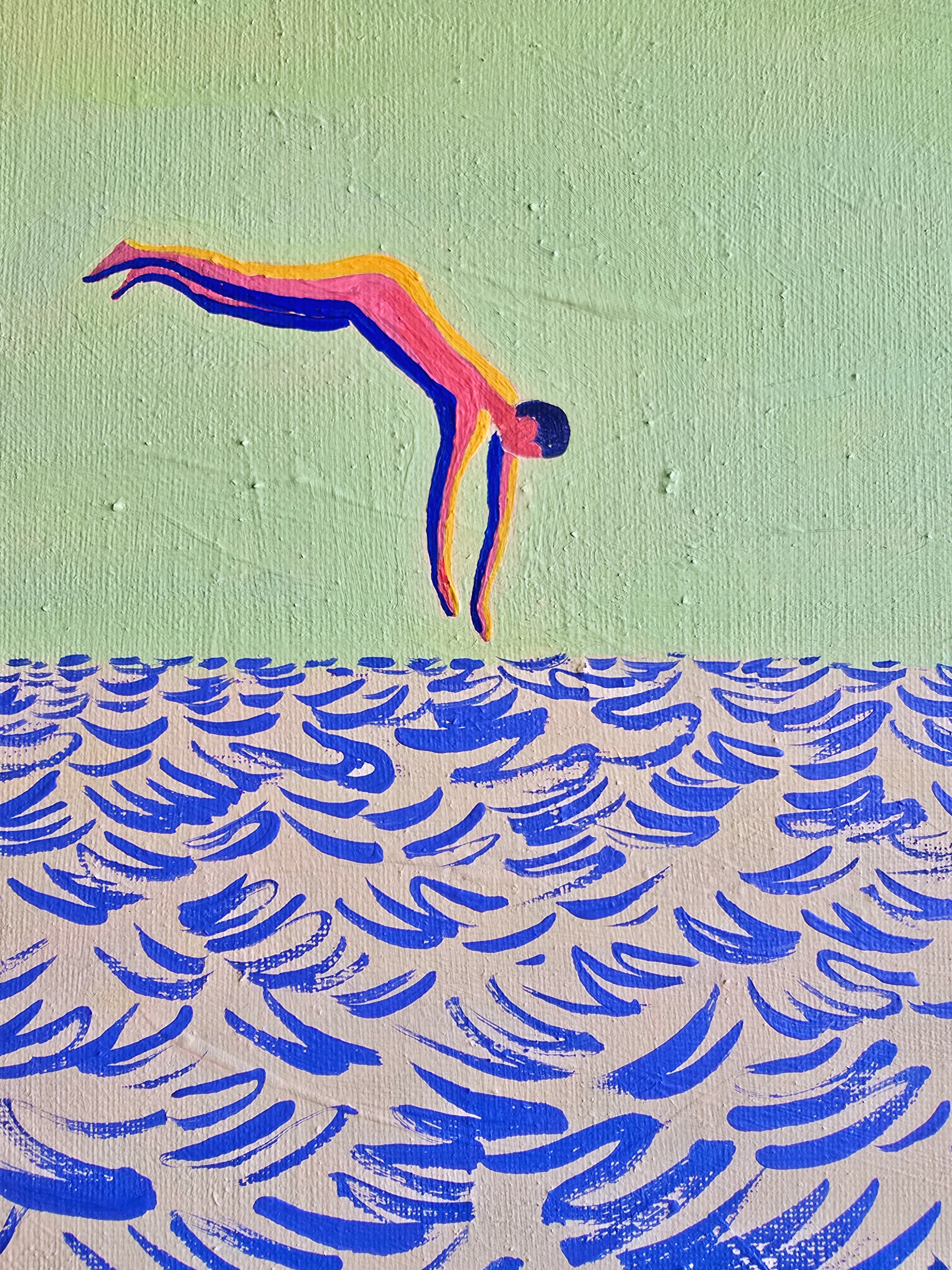 Into the Water, original painting by Fabian Lavater depicting a person diving into the water-detail
