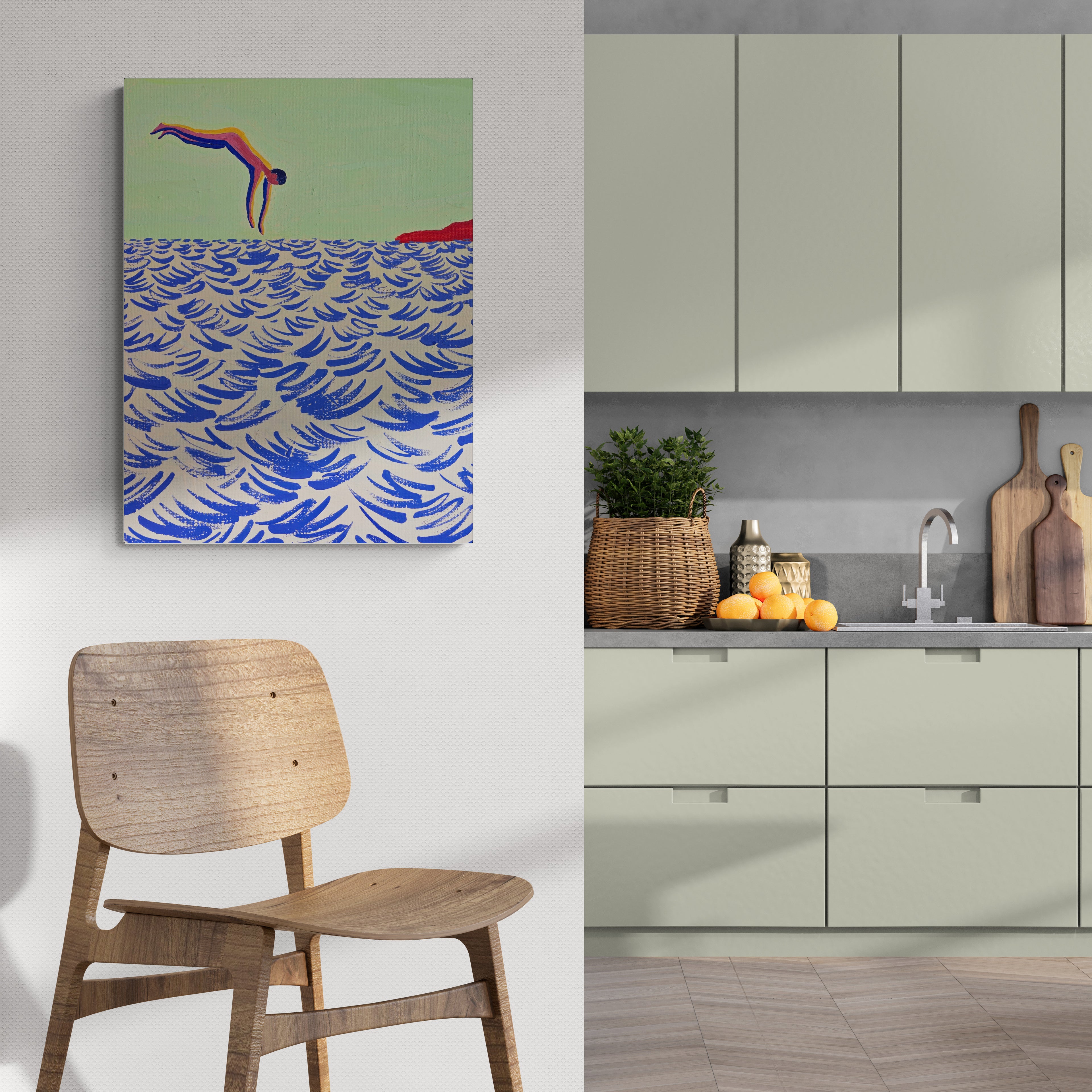 Into the Water, original painting by Fabian Lavater depicting a person diving into the water-in-kitchen