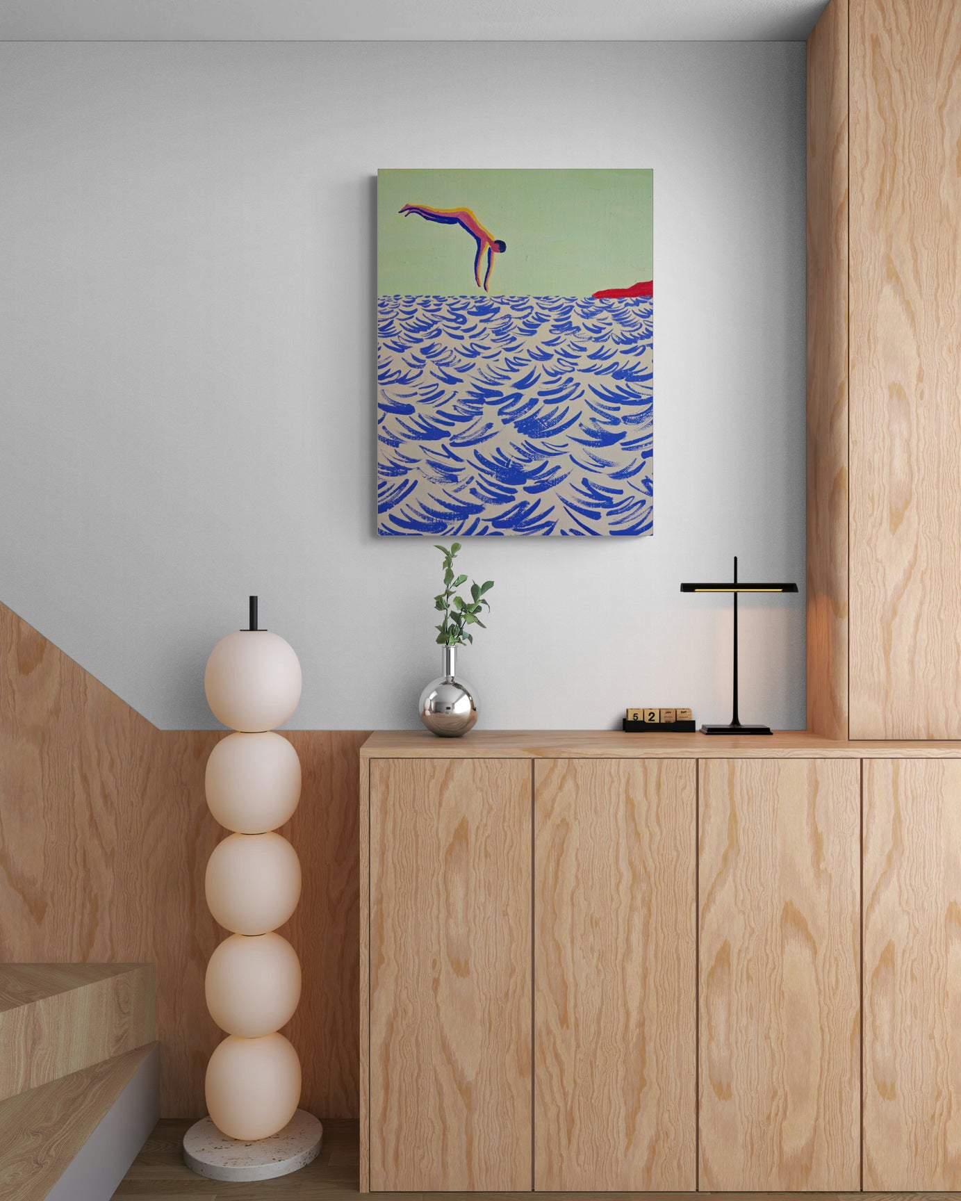 Into the Water, original painting by Fabian Lavater depicting a person diving into the water-above-wooden-cabinet