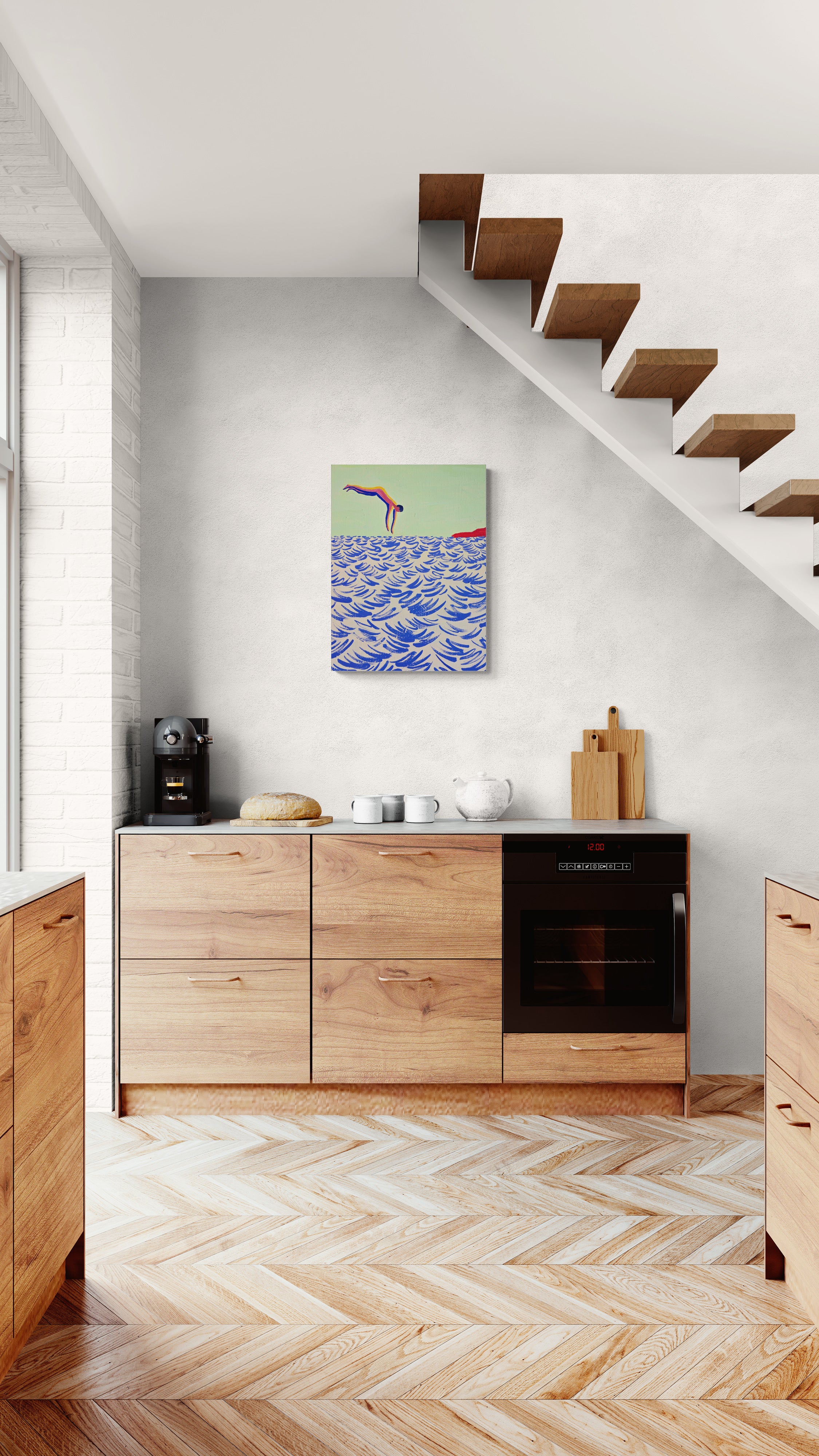 Into the Water, original painting by Fabian Lavater depicting a person diving into the water-in-modern-kitchen