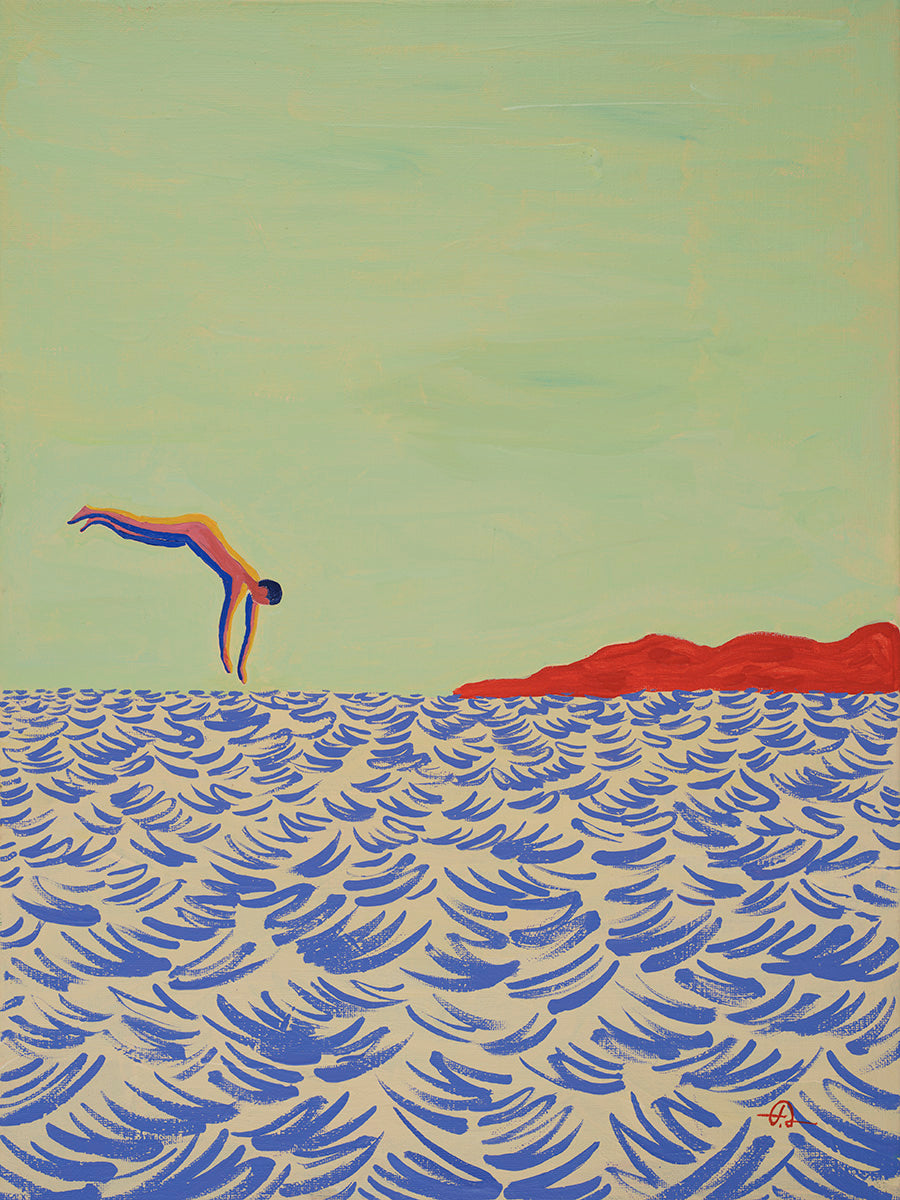 Into the Water, original painting by Fabian Lavater depicting a person diving into the water