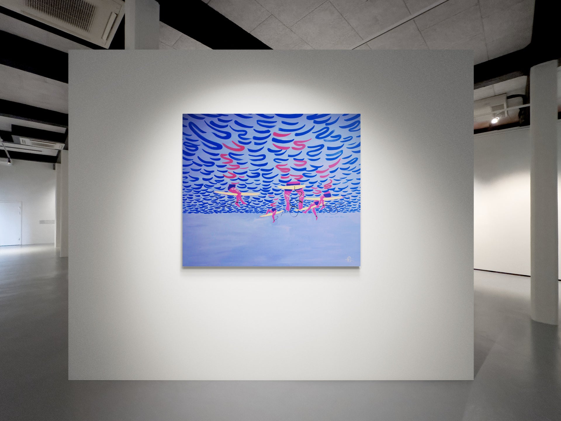 Mermaid Perspective, original painting by Fabian Lavater depicting surfers floating on the water from an underwater perspective art gallery