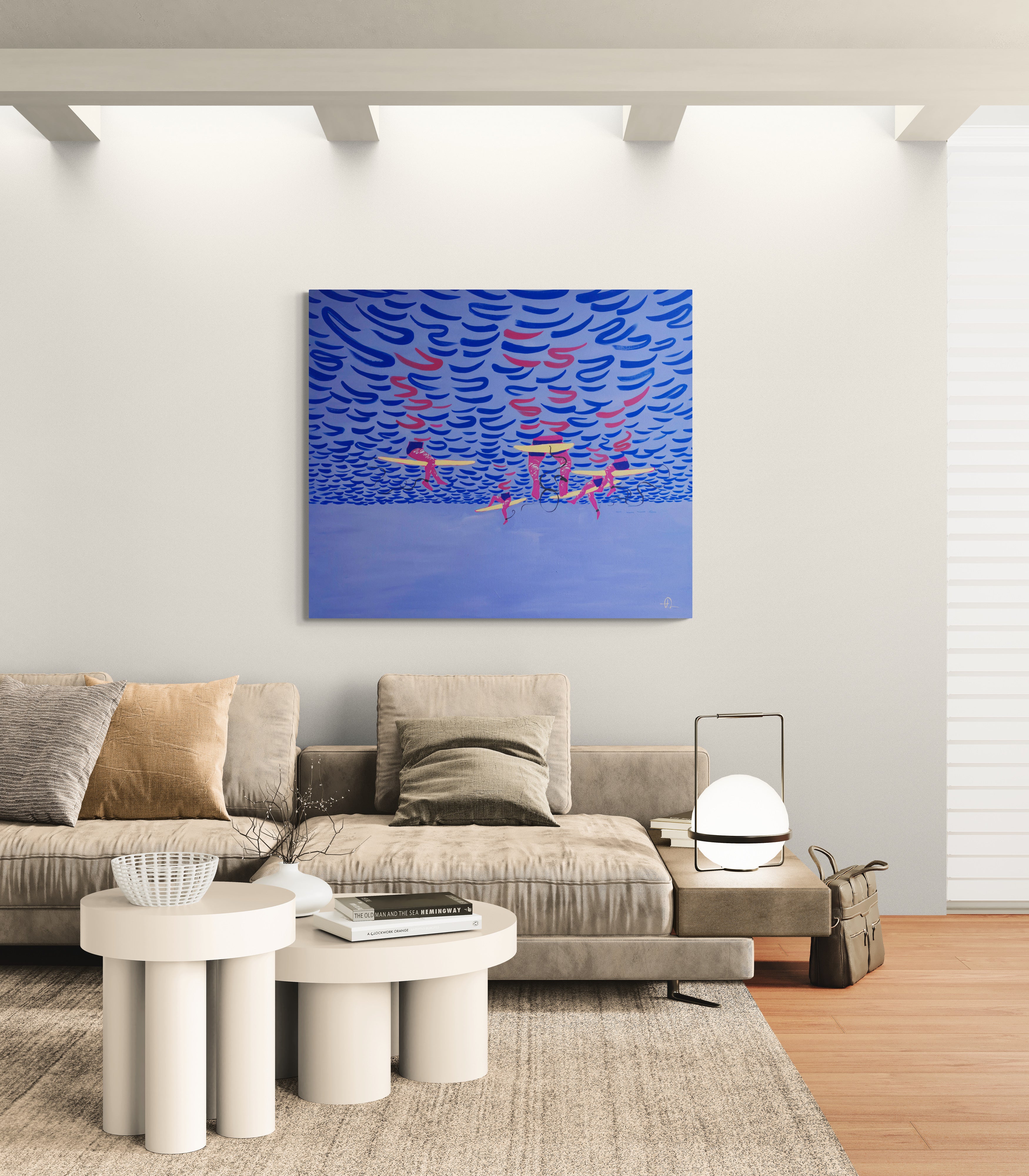 Mermaid Perspective, original painting by Fabian Lavater depicting surfers floating on the water from an underwater perspective in modern living room