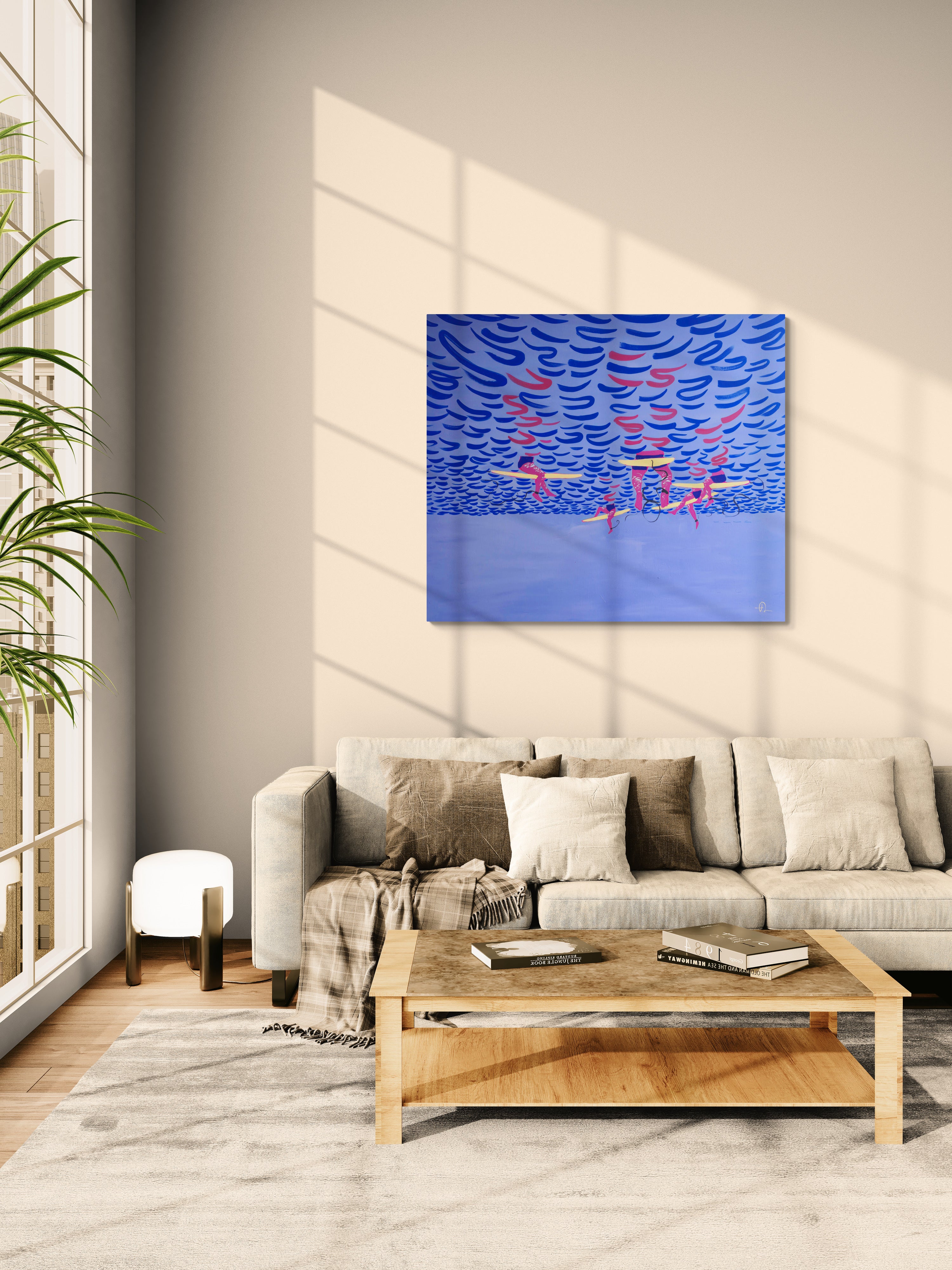 Mermaid Perspective, original painting by Fabian Lavater depicting surfers floating on the water from an underwater perspective above sofa