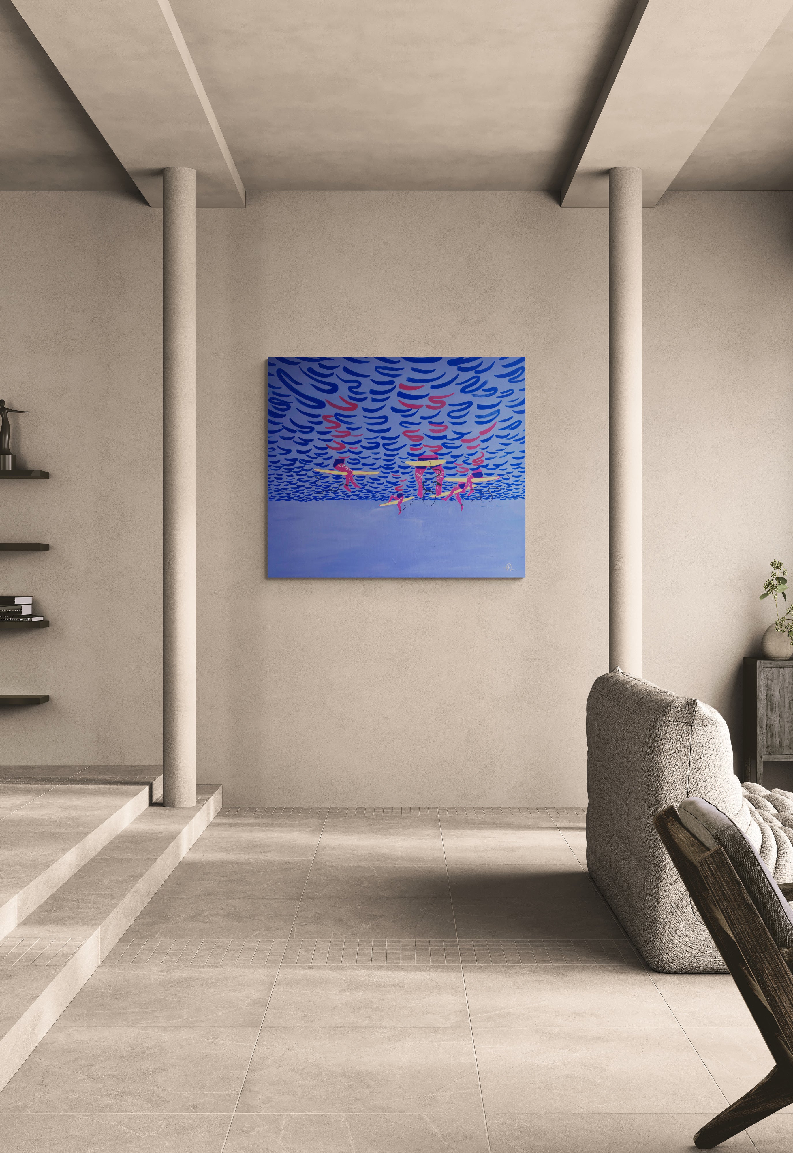 Mermaid Perspective, original painting by Fabian Lavater depicting surfers floating on the water from an underwater perspective in modern interior