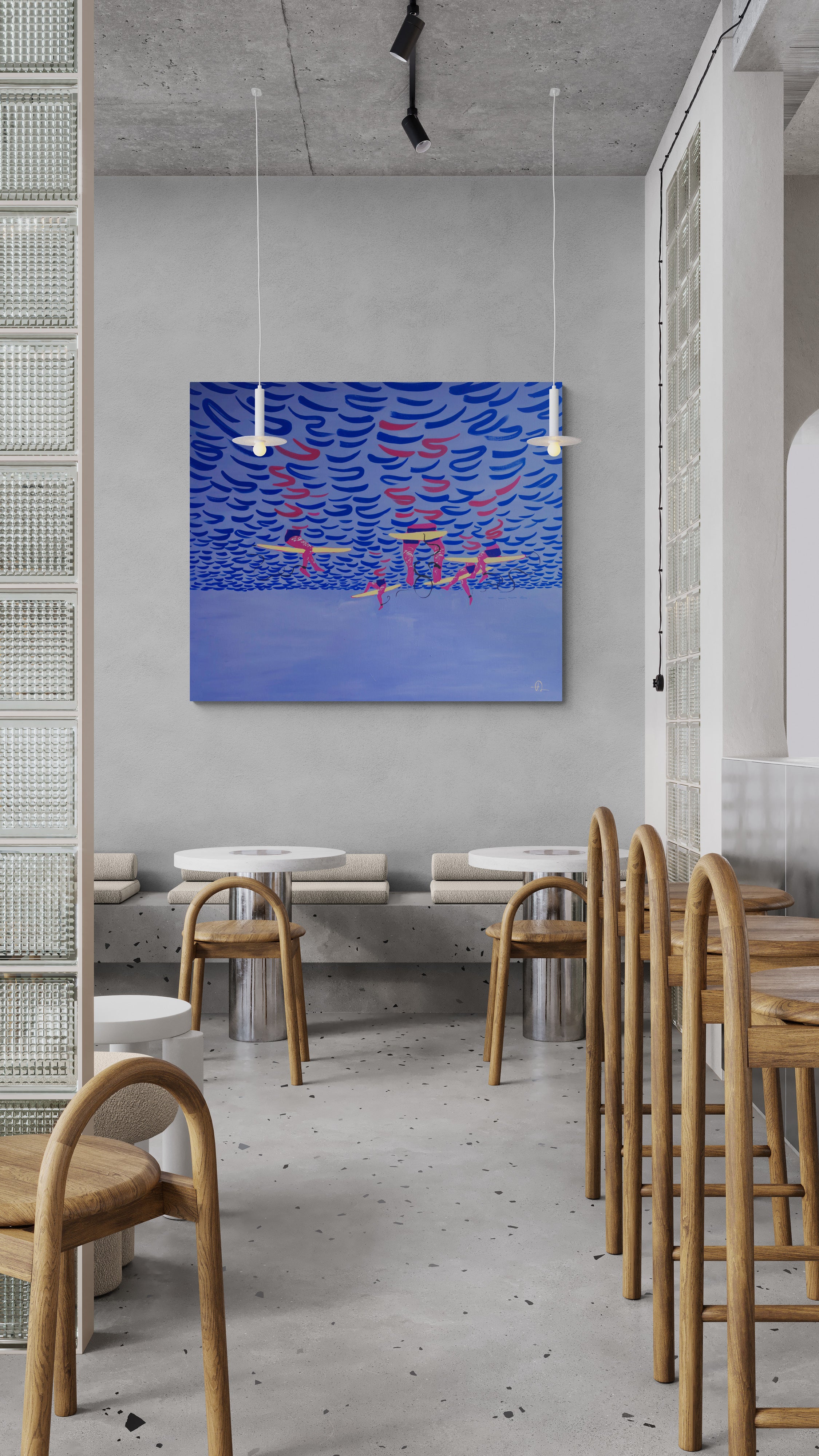 Mermaid Perspective, original painting by Fabian Lavater depicting surfers floating on the water from an underwater perspective in public space