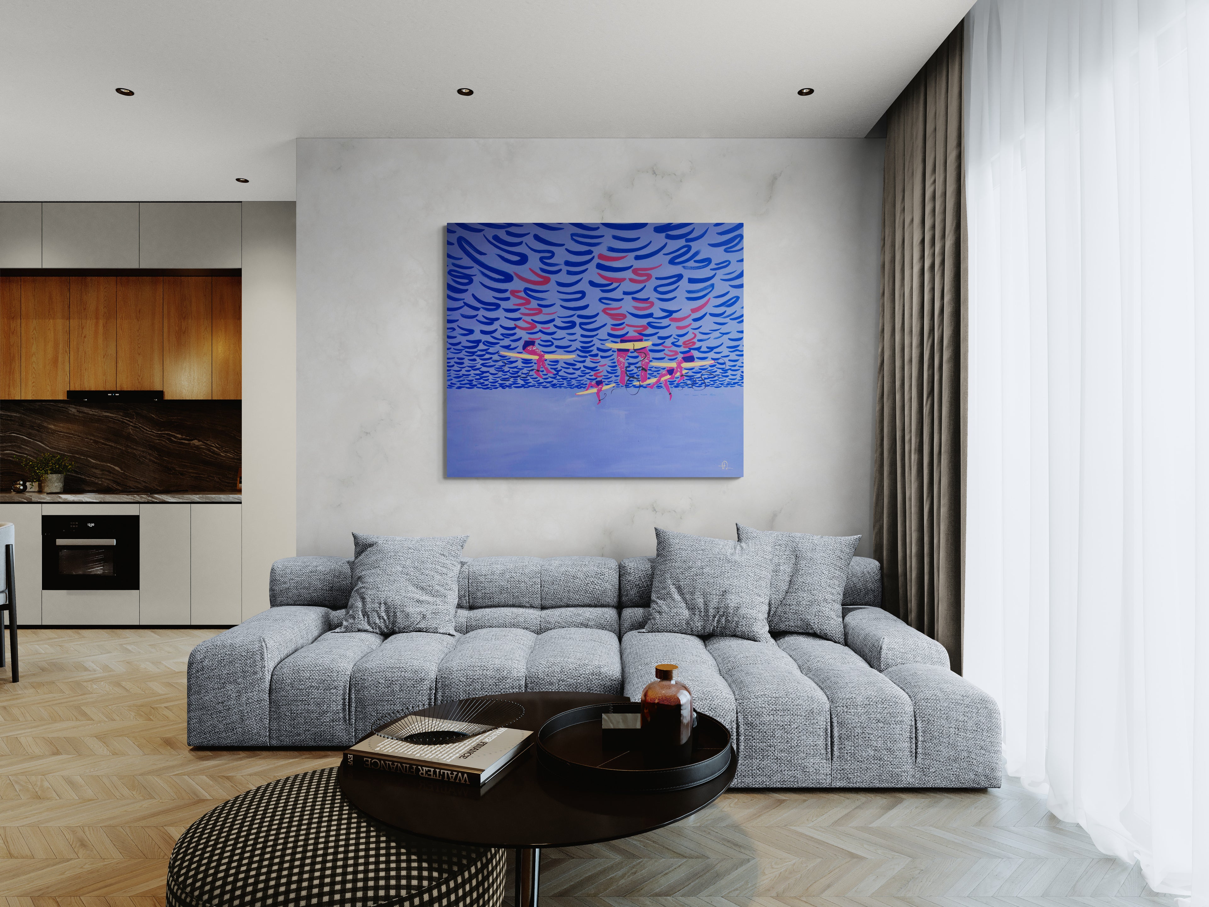 Mermaid Perspective, original painting by Fabian Lavater depicting surfers floating on the water from an underwater perspective in living room