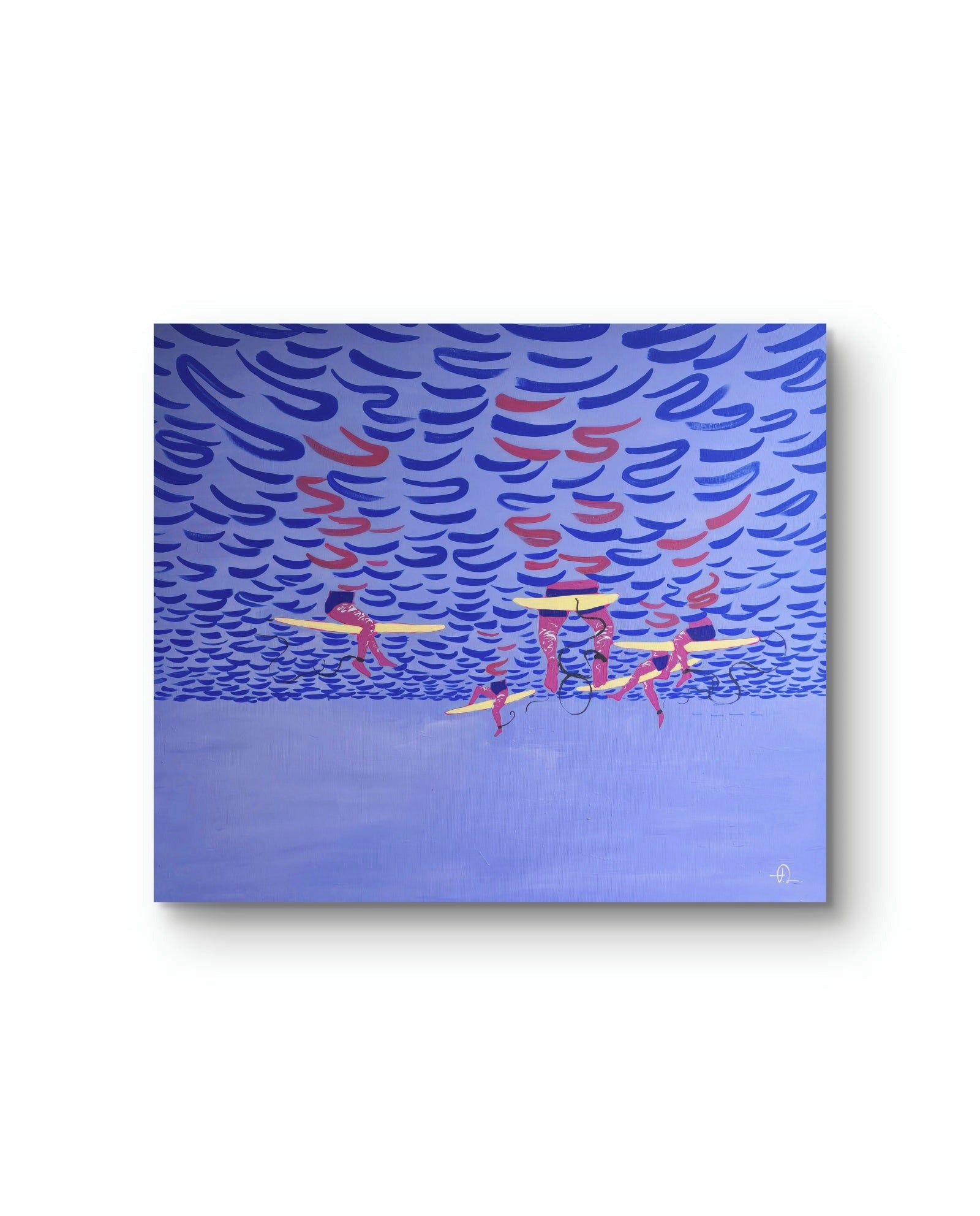 Mermaid Perspective, original painting by Fabian Lavater depicting surfers floating on the water from an underwater perspective white backgroud