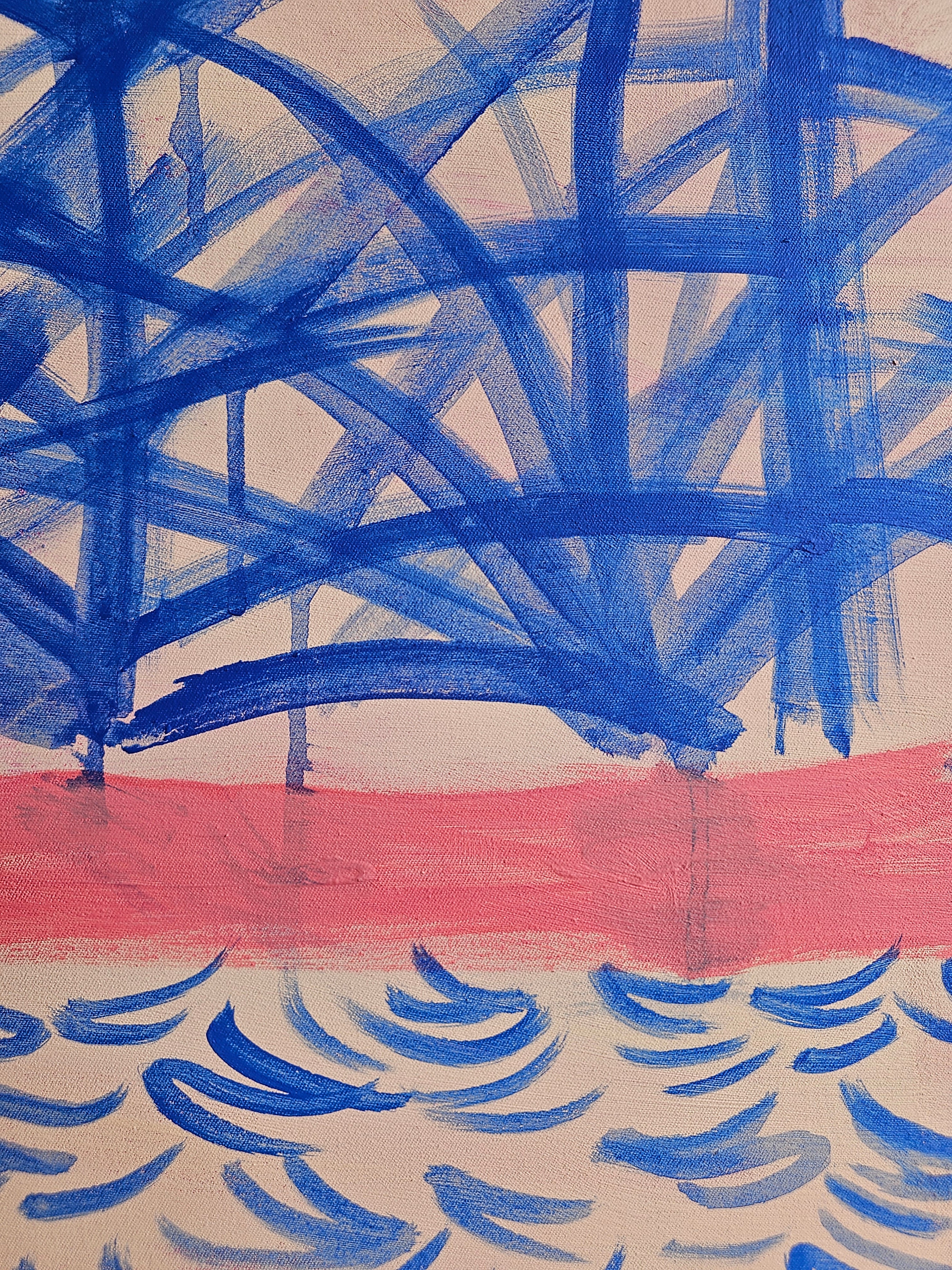 Detail shot o original art painting by Fabian Lavater with blue brush strokes