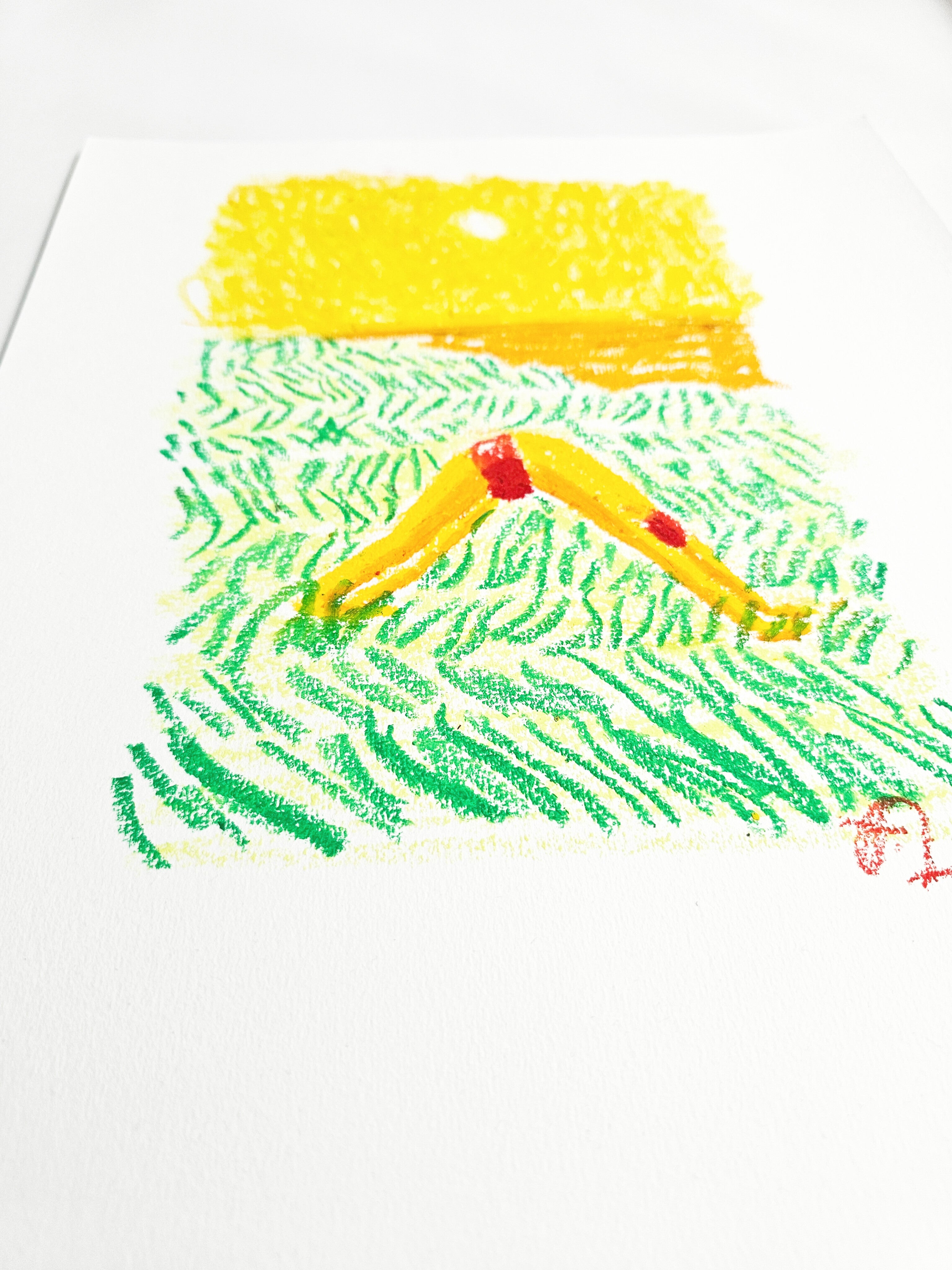 Walking the Dog, original oil pastel on paper by Fabian Lavater depicting a downward-facing dog yoga pose