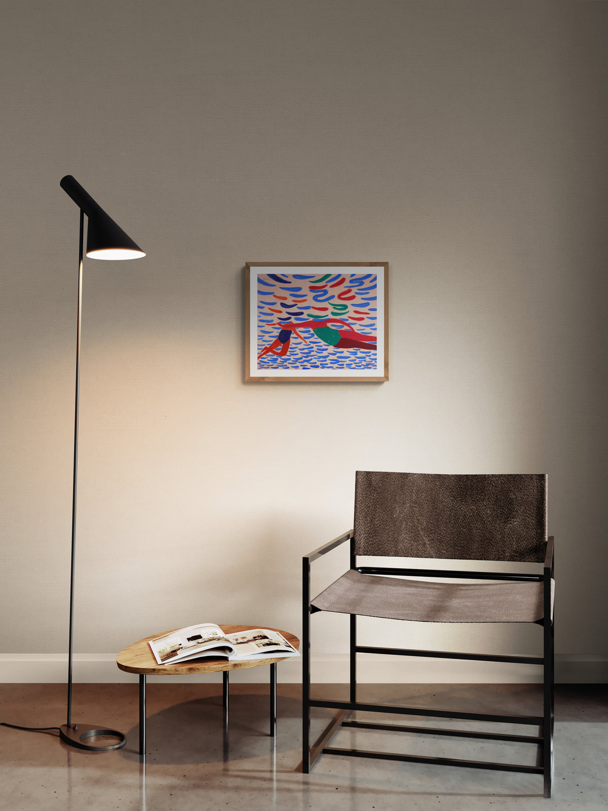 framed seaside sister art print by fabian lavater showing two women swimming hanging above modern reading corner