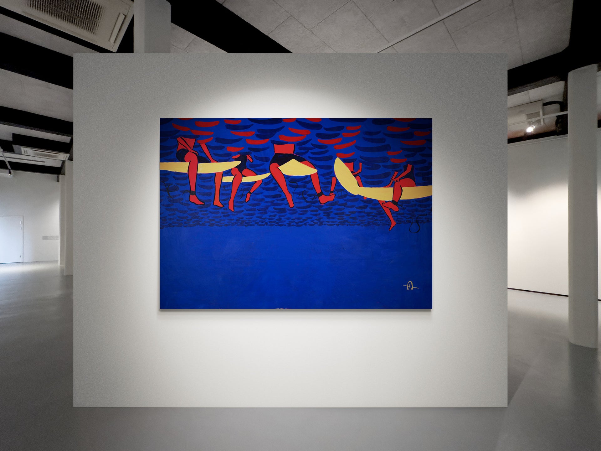 Blue ocean seascape with red surfers, original painting by Fabian Lavater, contemporary expressionist style called Infinite Joy