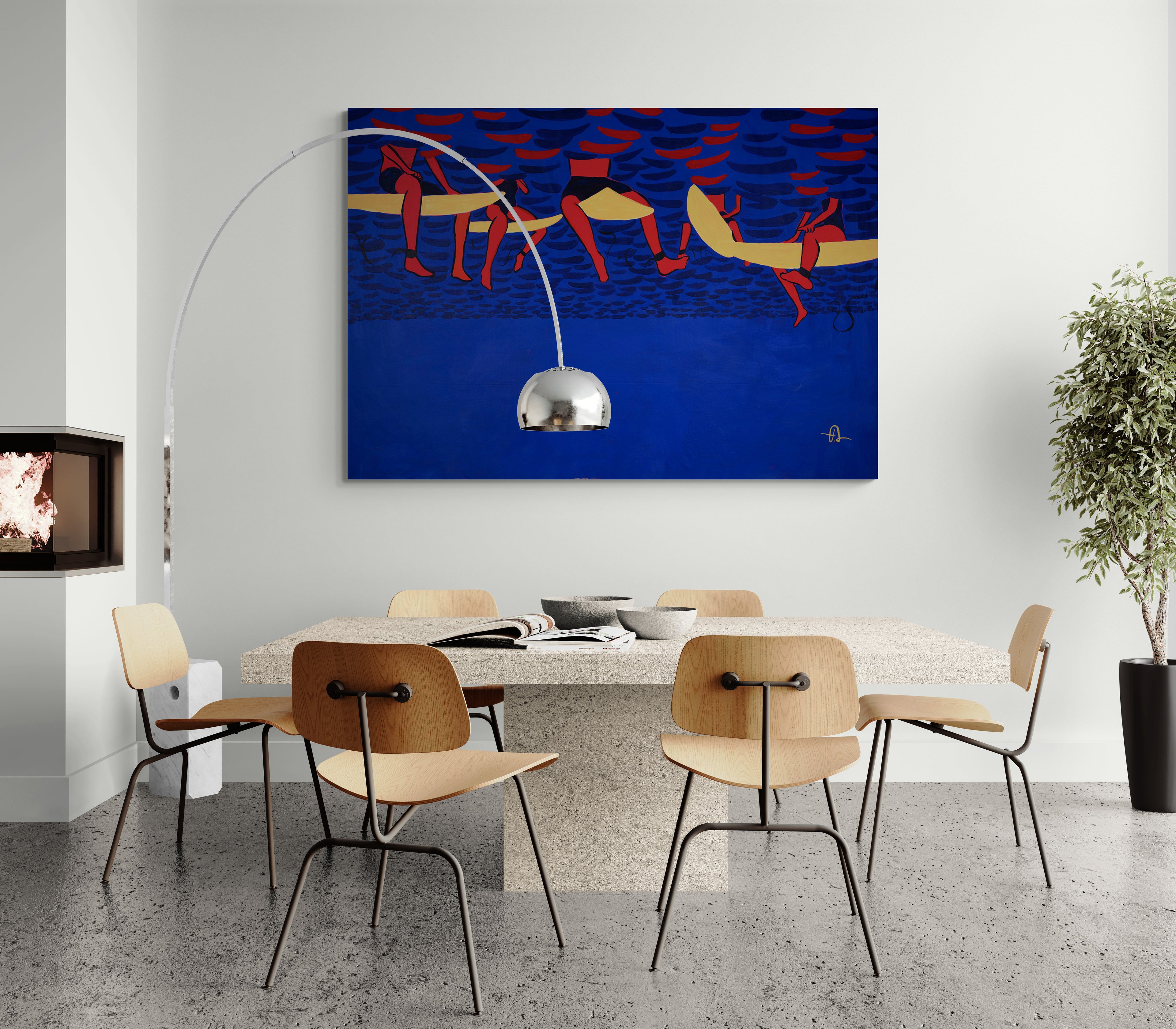 Blue ocean seascape with red surfers, original painting by Fabian Lavater, contemporary expressionist style called Infinite Joy