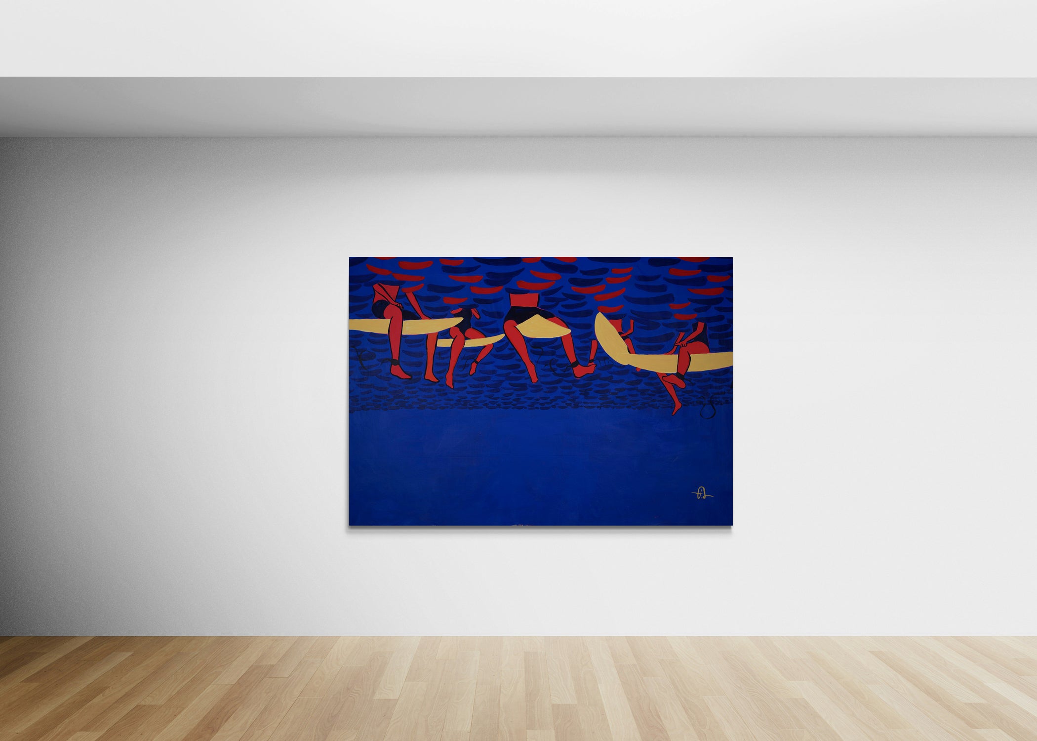 Blue ocean seascape with red surfers, original painting by Fabian Lavater, contemporary expressionist style called Infinite Joy