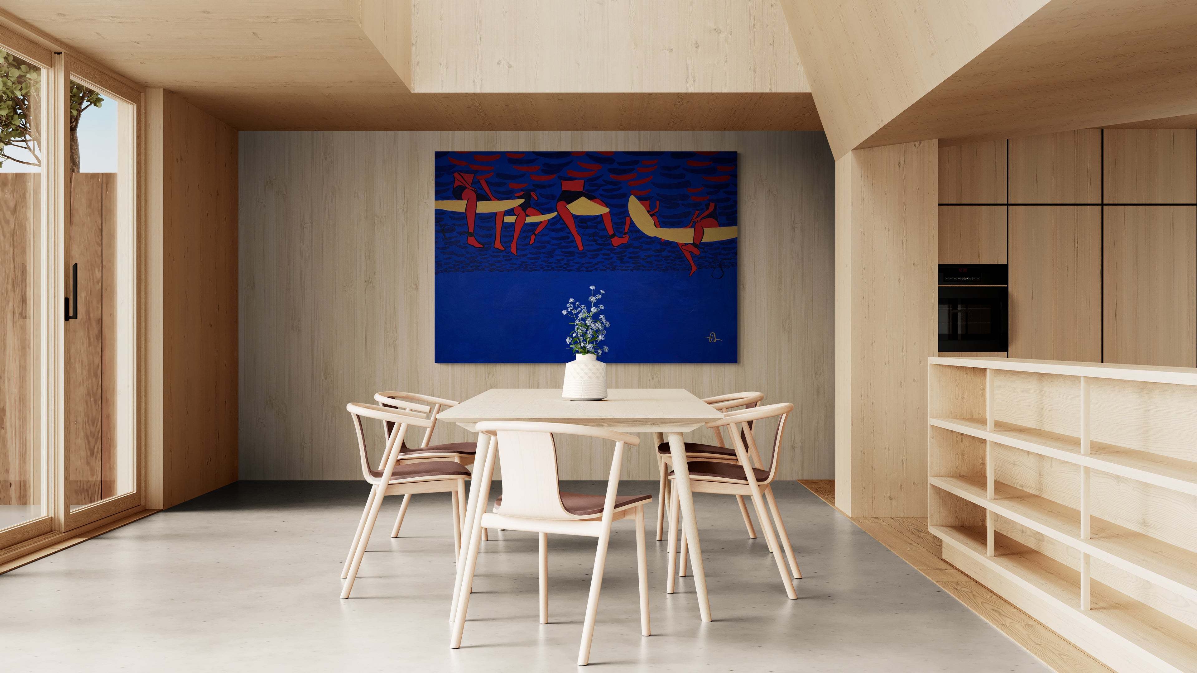 Blue ocean seascape with red surfers, original painting by Fabian Lavater, contemporary expressionist style called Infinite Joy