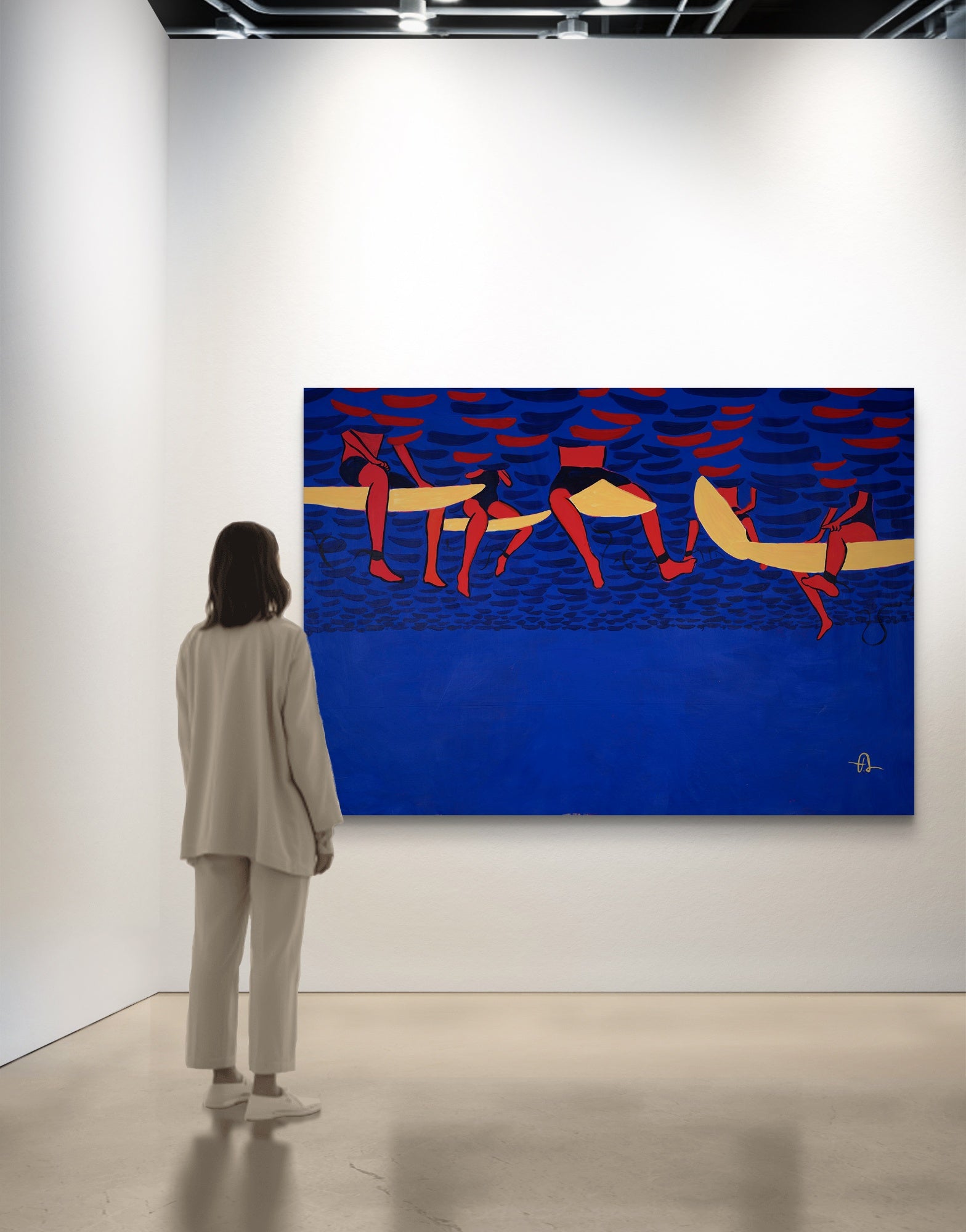 Blue ocean seascape with red surfers, original painting by Fabian Lavater, contemporary expressionist style called Infinite Joy